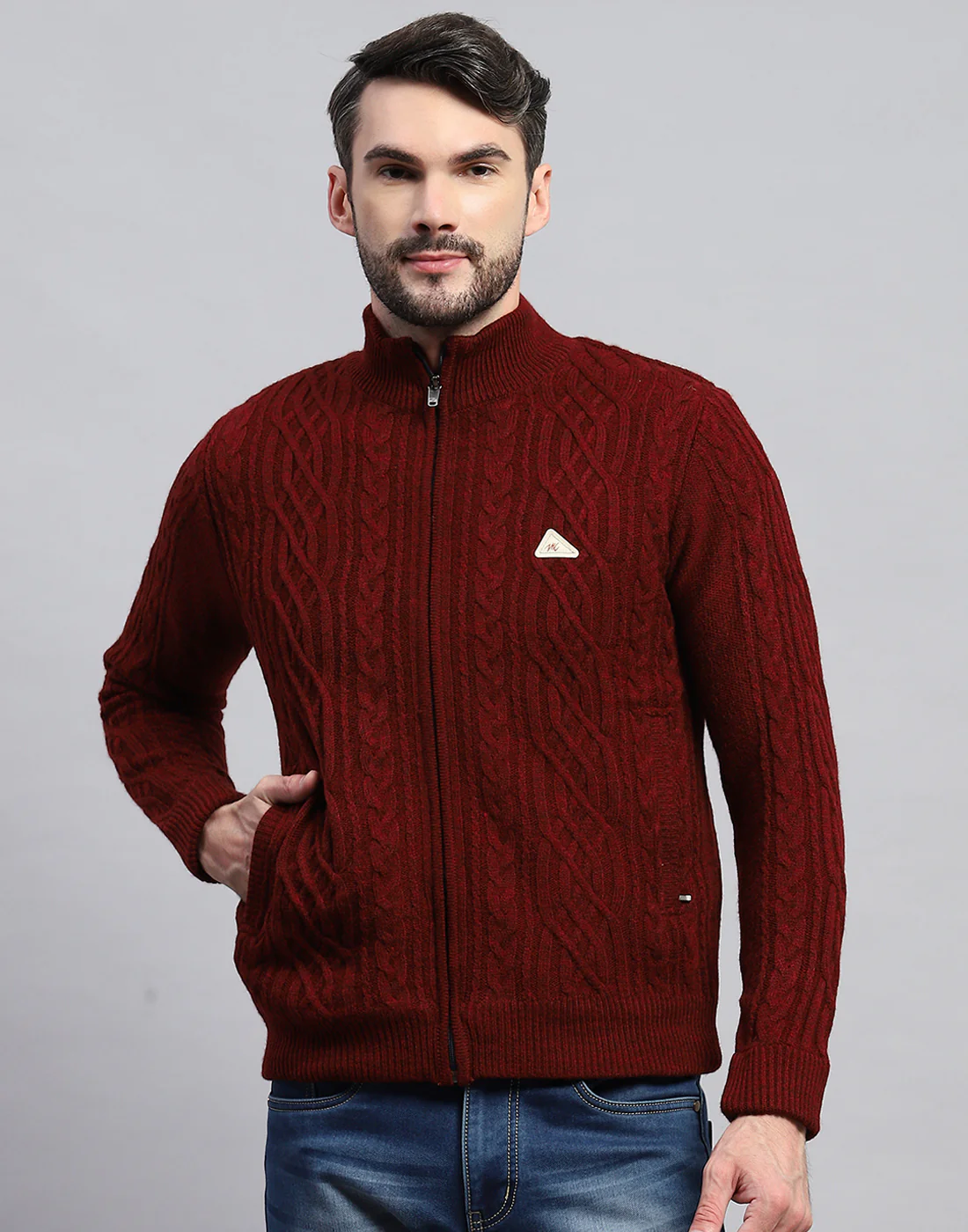 Men Maroon Self Design Turtle Neck Full Sleeve Jacket - Image 2