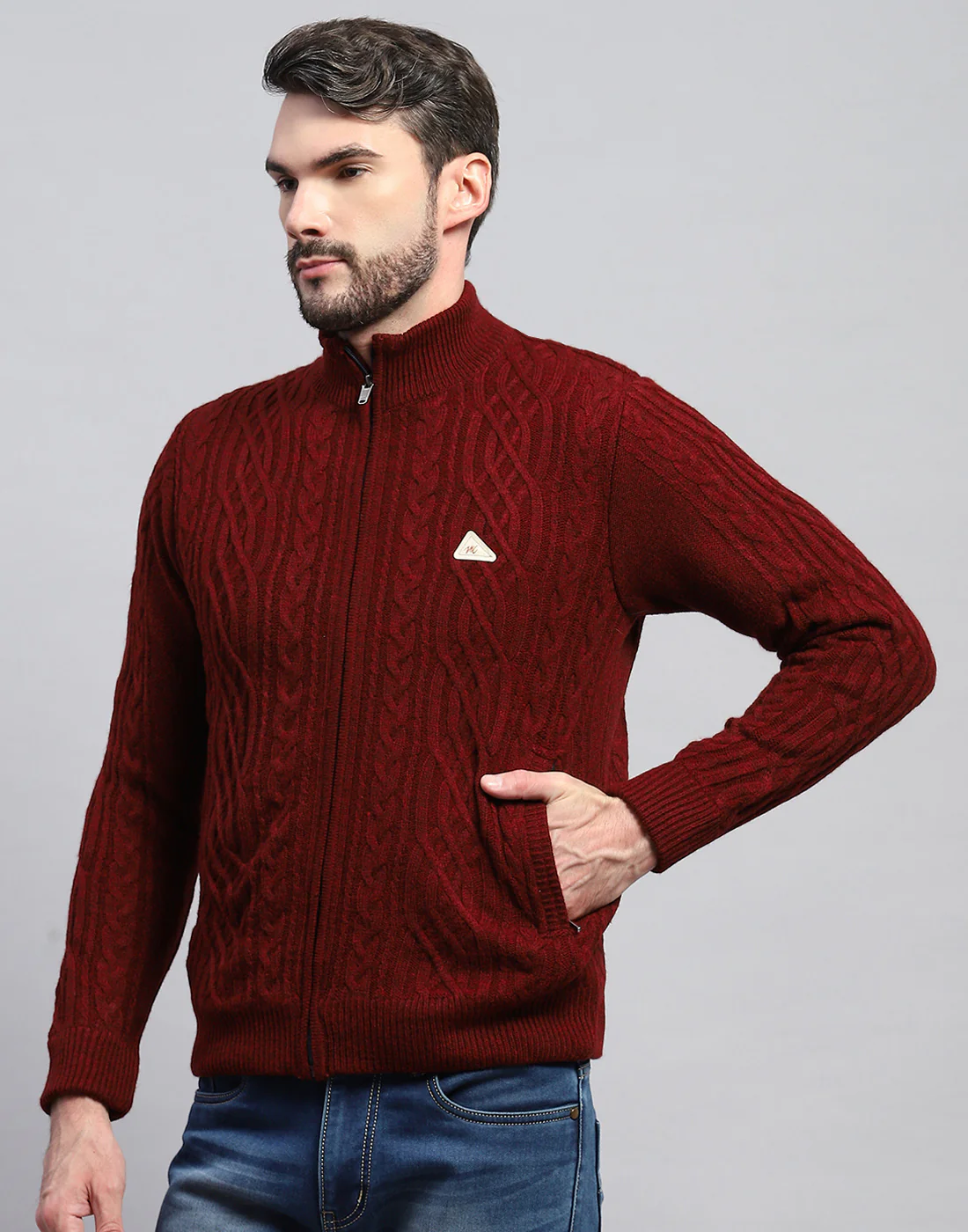 Men Maroon Self Design Turtle Neck Full Sleeve Jacket - Image 3