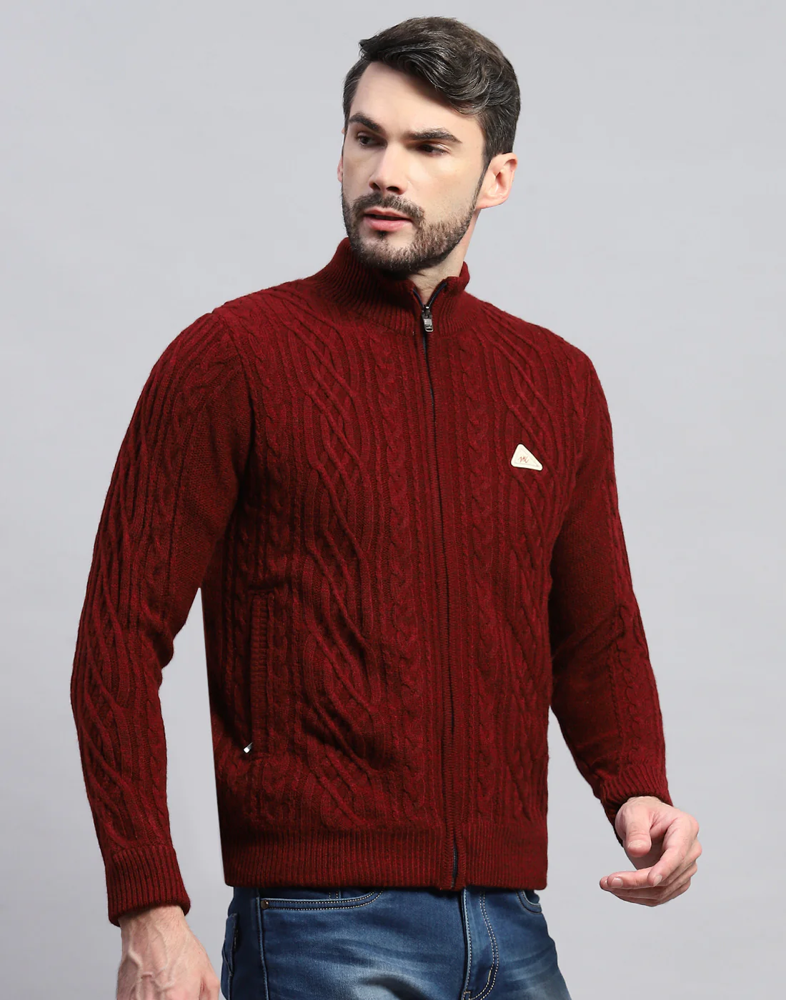 Men Maroon Self Design Turtle Neck Full Sleeve Jacket - Image 4