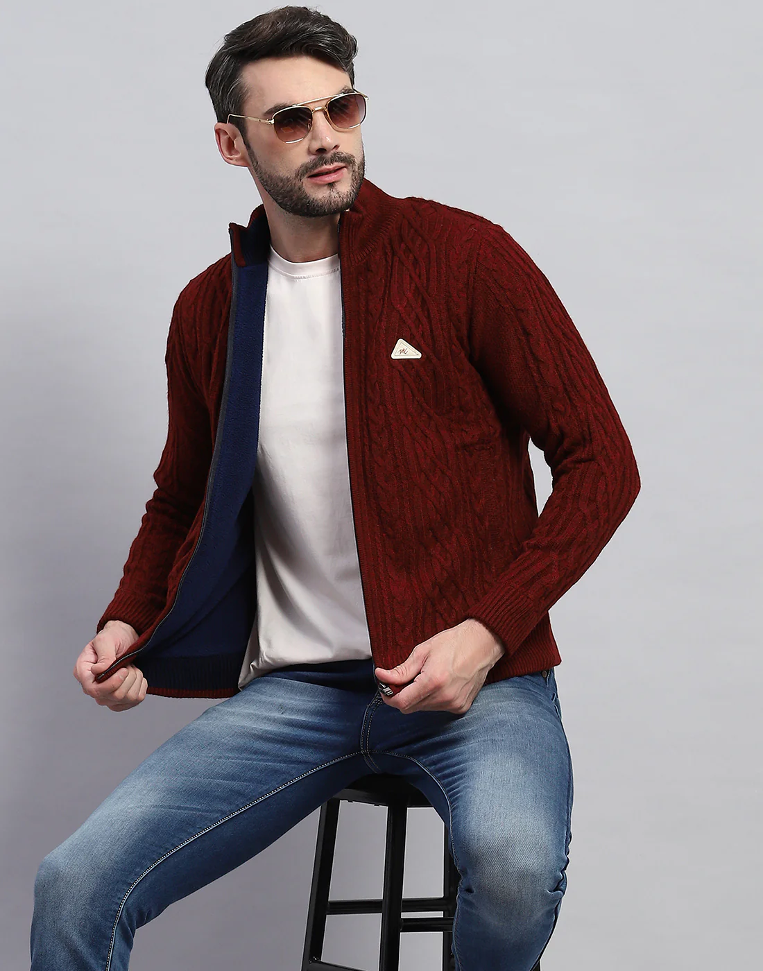 Men Maroon Self Design Turtle Neck Full Sleeve Jacket - Image 6