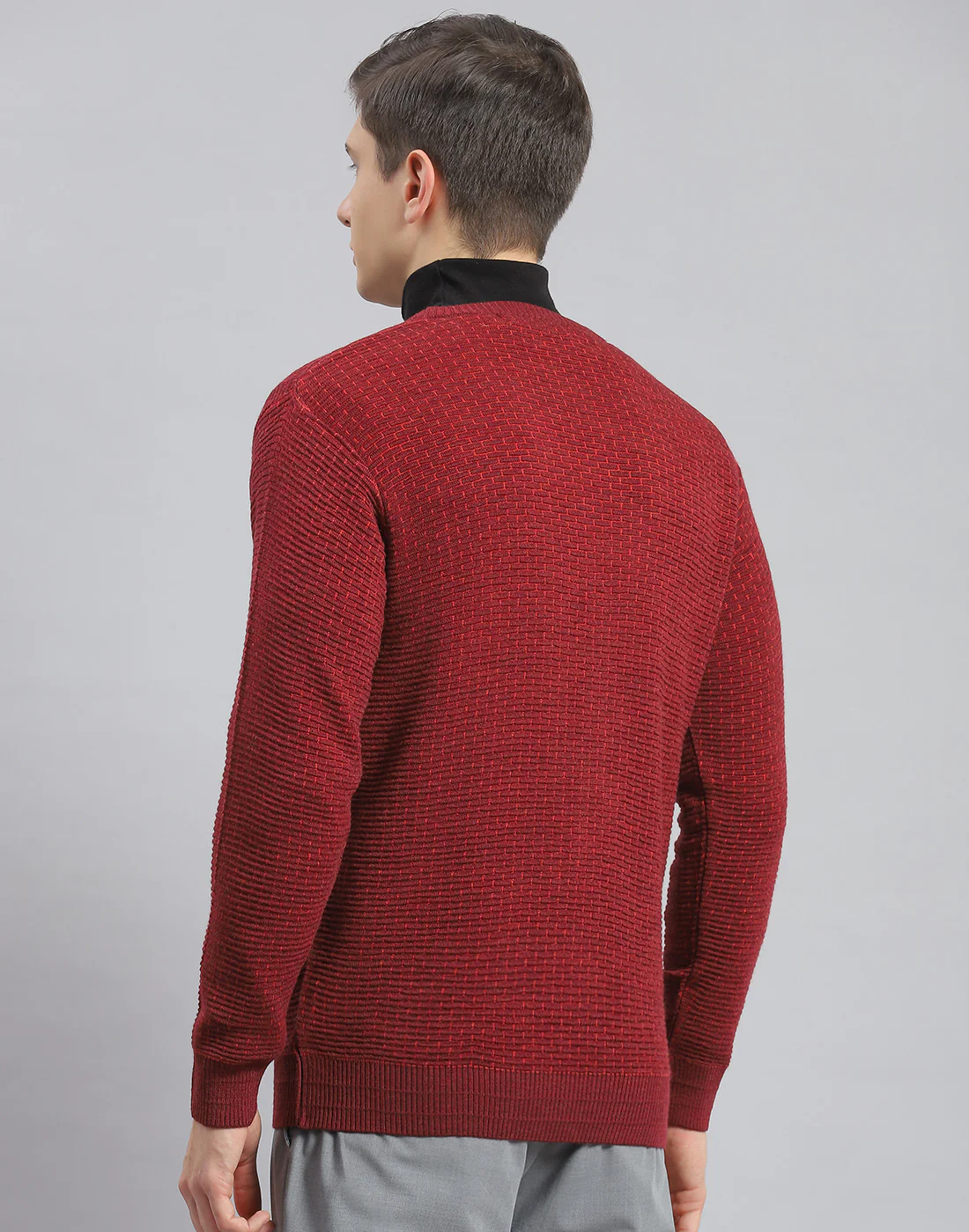 Men Maroon Self Design V Neck Full Sleeve Pullover - Image 5