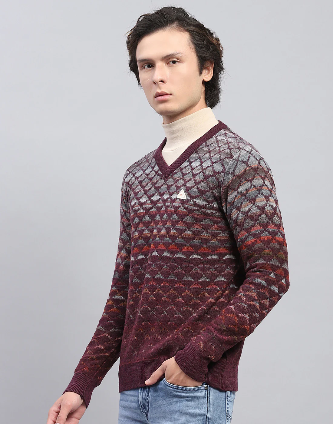 Men Maroon Self Design V Neck Full Sleeve Pullover - Image 3