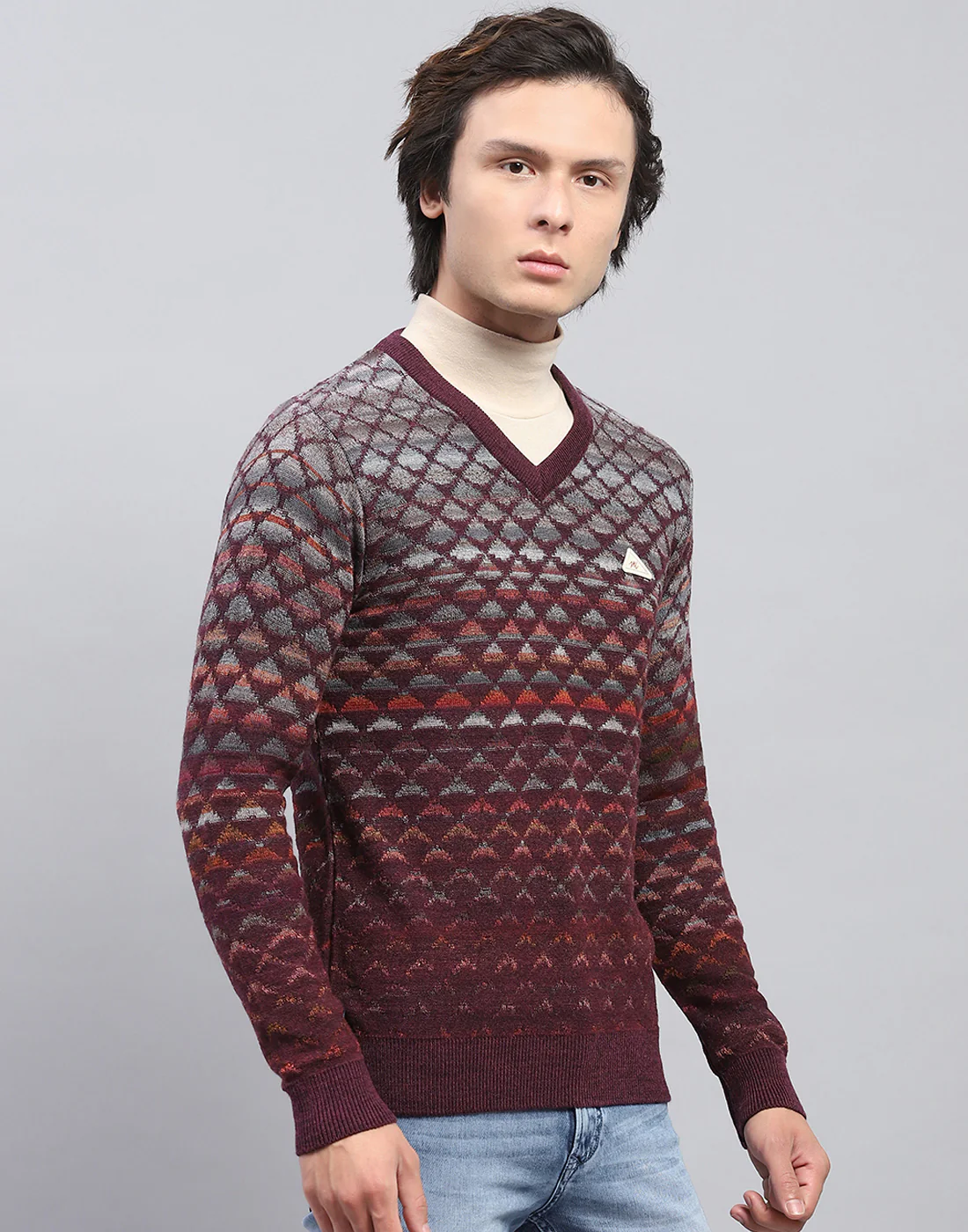 Men Maroon Self Design V Neck Full Sleeve Pullover - Image 4