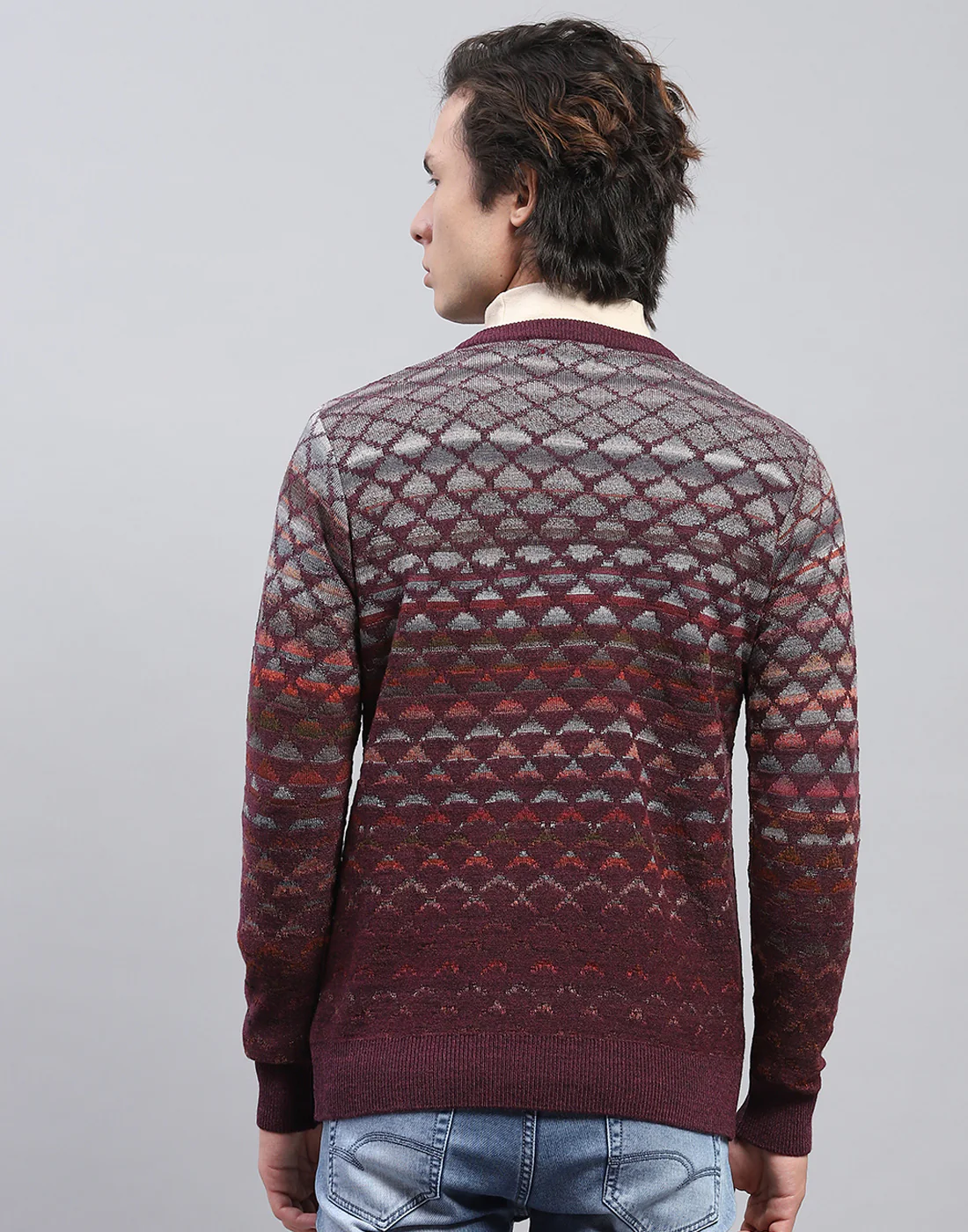 Men Maroon Self Design V Neck Full Sleeve Pullover - Image 5