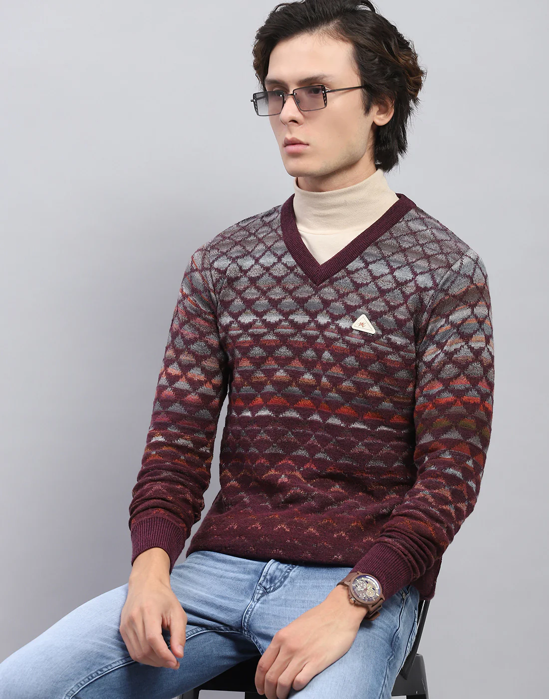 Men Maroon Self Design V Neck Full Sleeve Pullover - Image 6