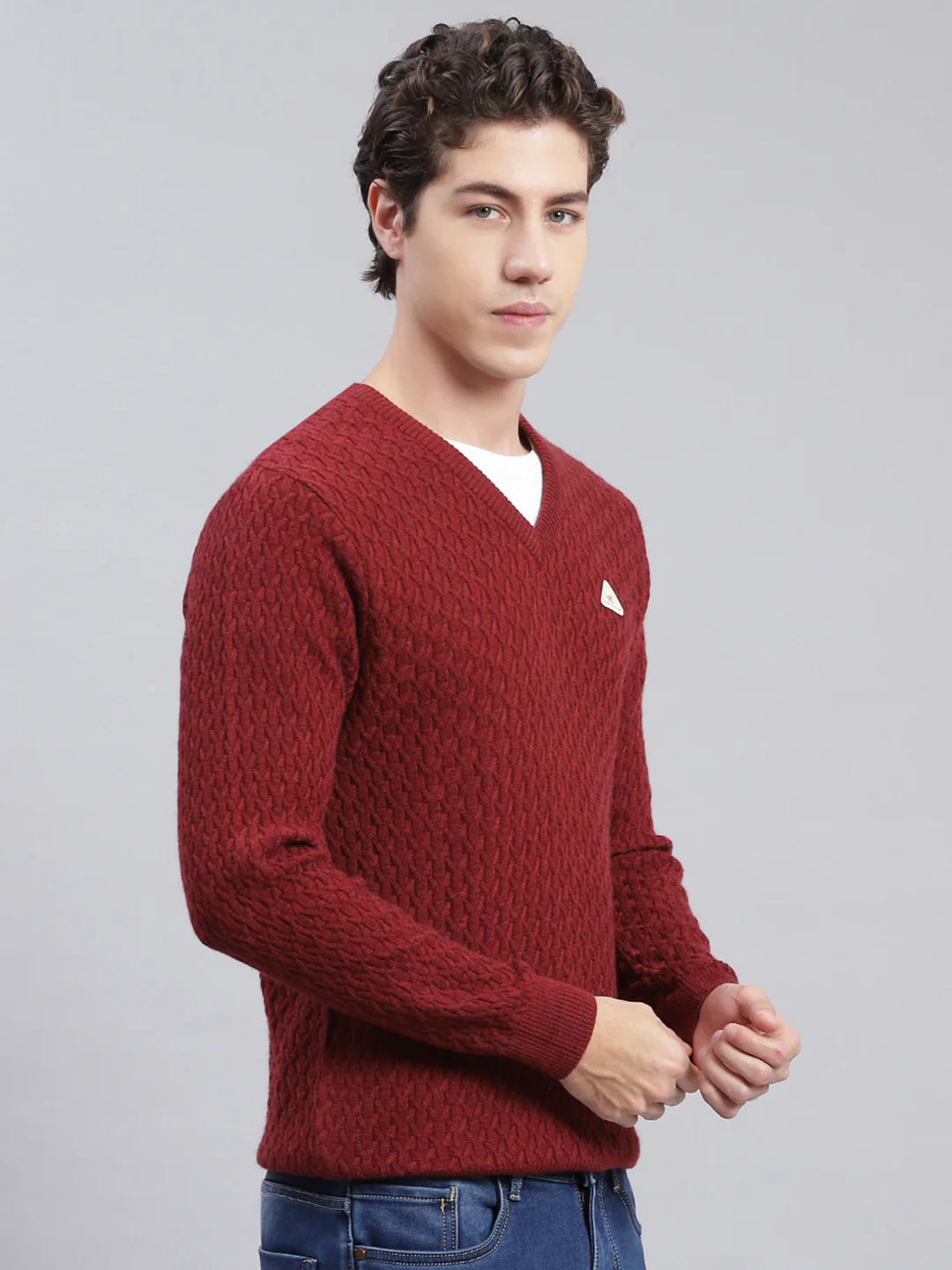 Men Maroon Self Design Wool blend Pullover - Image 3