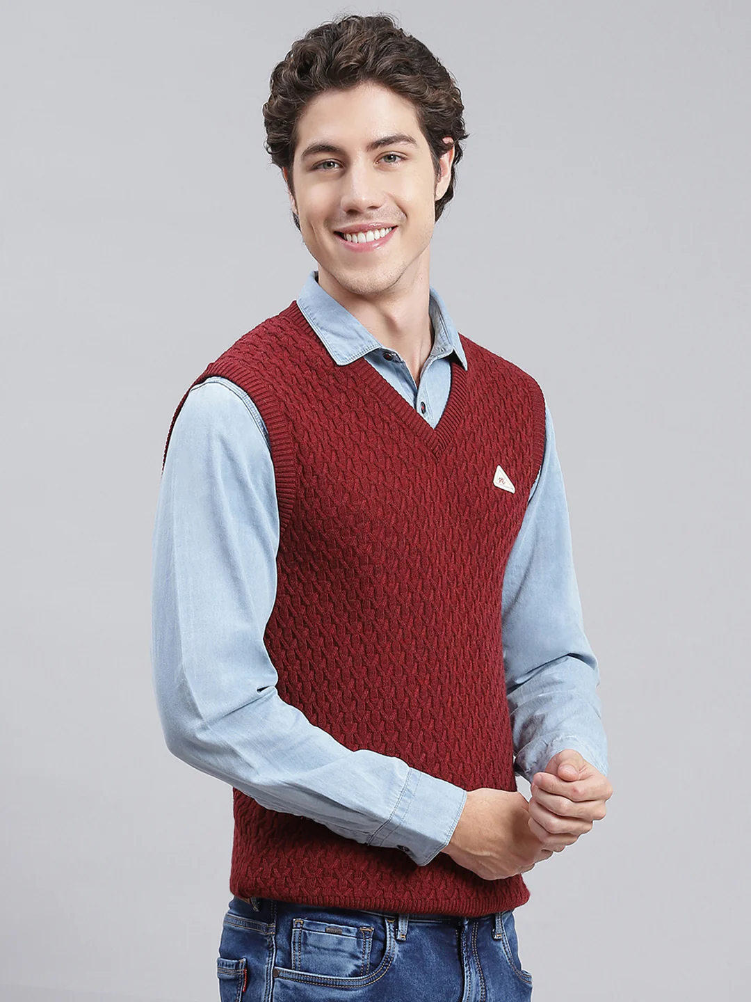 Men Maroon Self Design Wool blend Sweater - Image 3