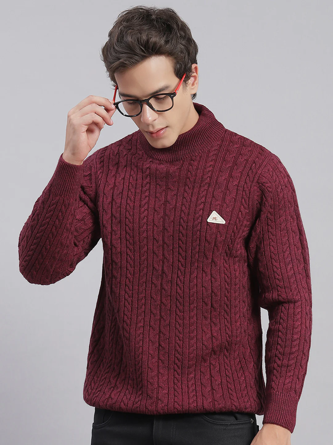 Men Maroon Self Design T Neck Full Sleeve Sweaters/Pullovers - Image 2