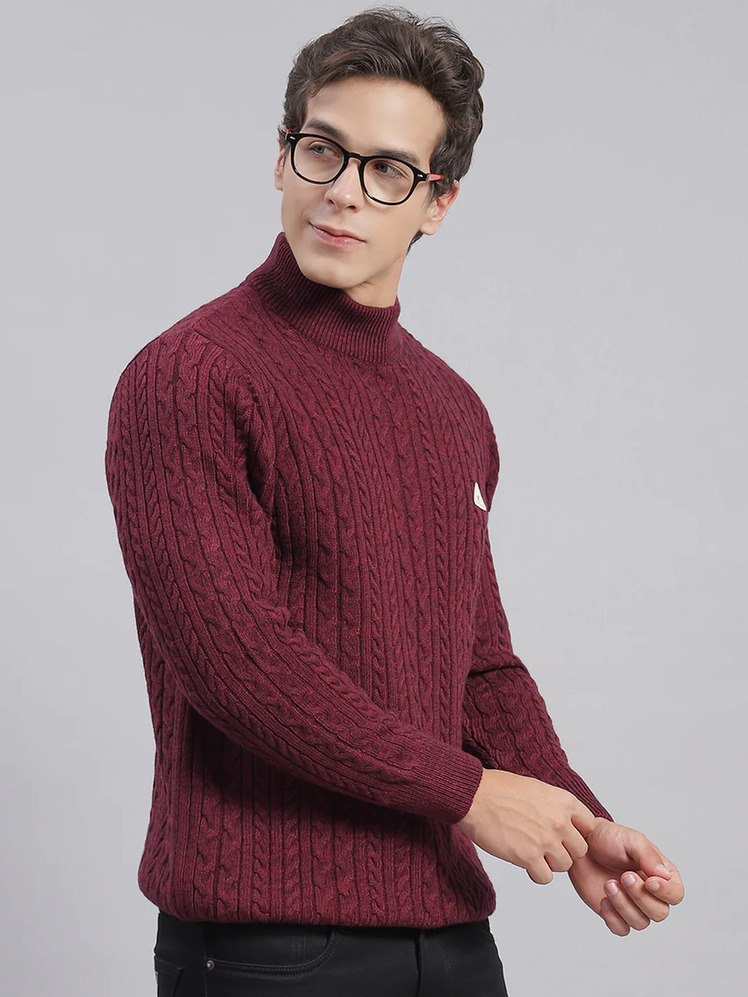 Men Maroon Self Design T Neck Full Sleeve Sweaters/Pullovers - Image 3