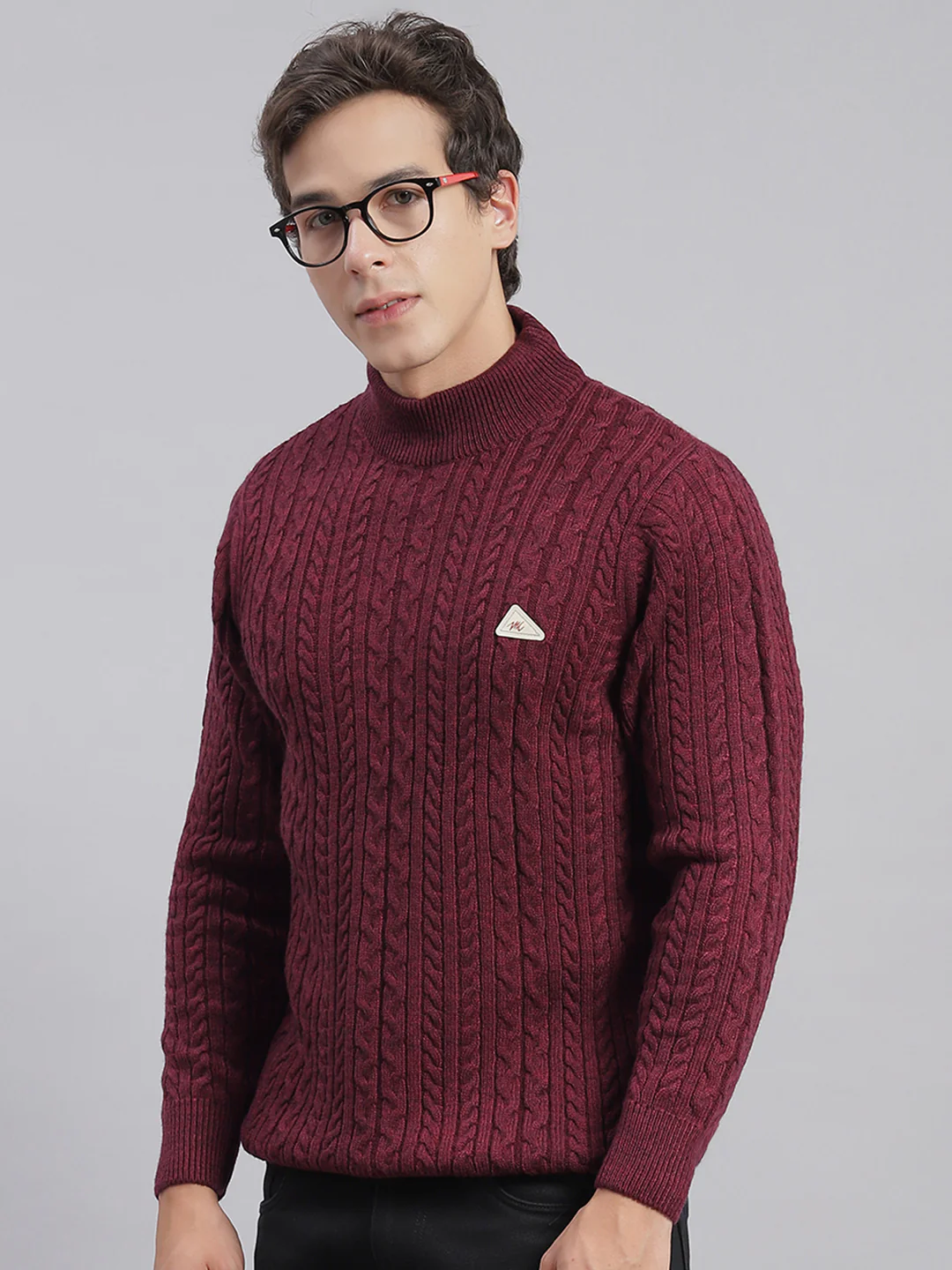Men Maroon Self Design T Neck Full Sleeve Sweaters/Pullovers - Image 4
