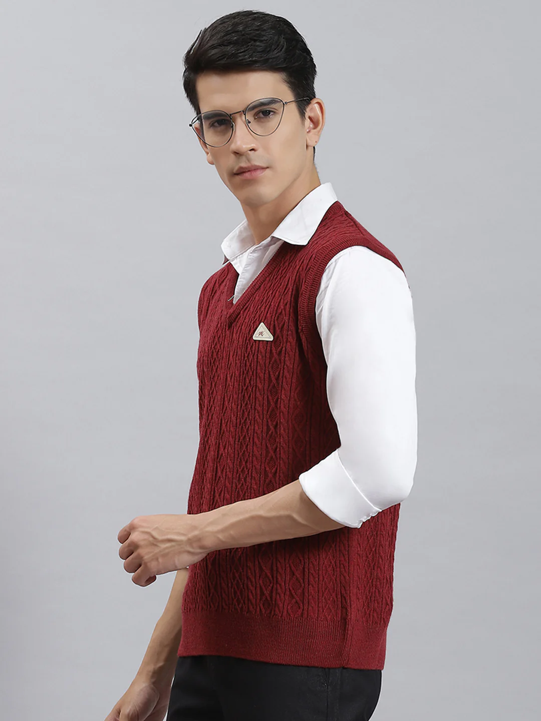 Men Maroon Self Design V Neck Sleeveless Sweaters/Pullovers - Image 3