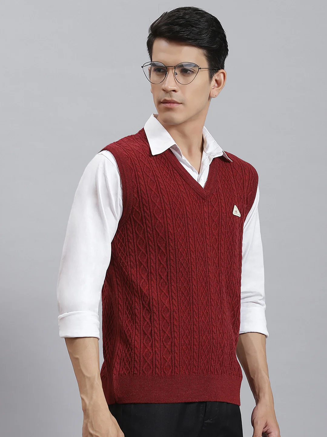 Men Maroon Self Design V Neck Sleeveless Sweaters/Pullovers - Image 4