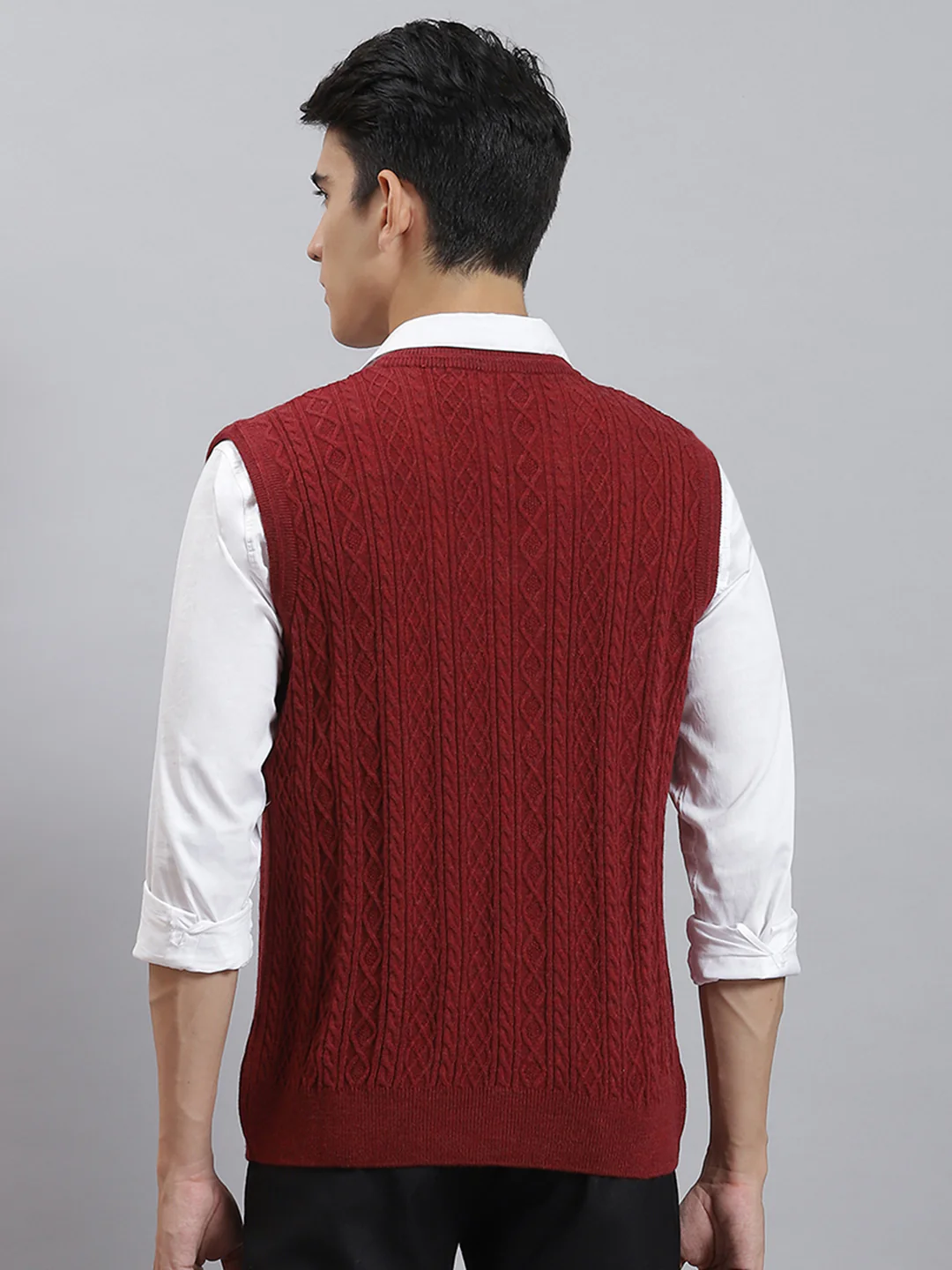 Men Maroon Self Design V Neck Sleeveless Sweaters/Pullovers - Image 5