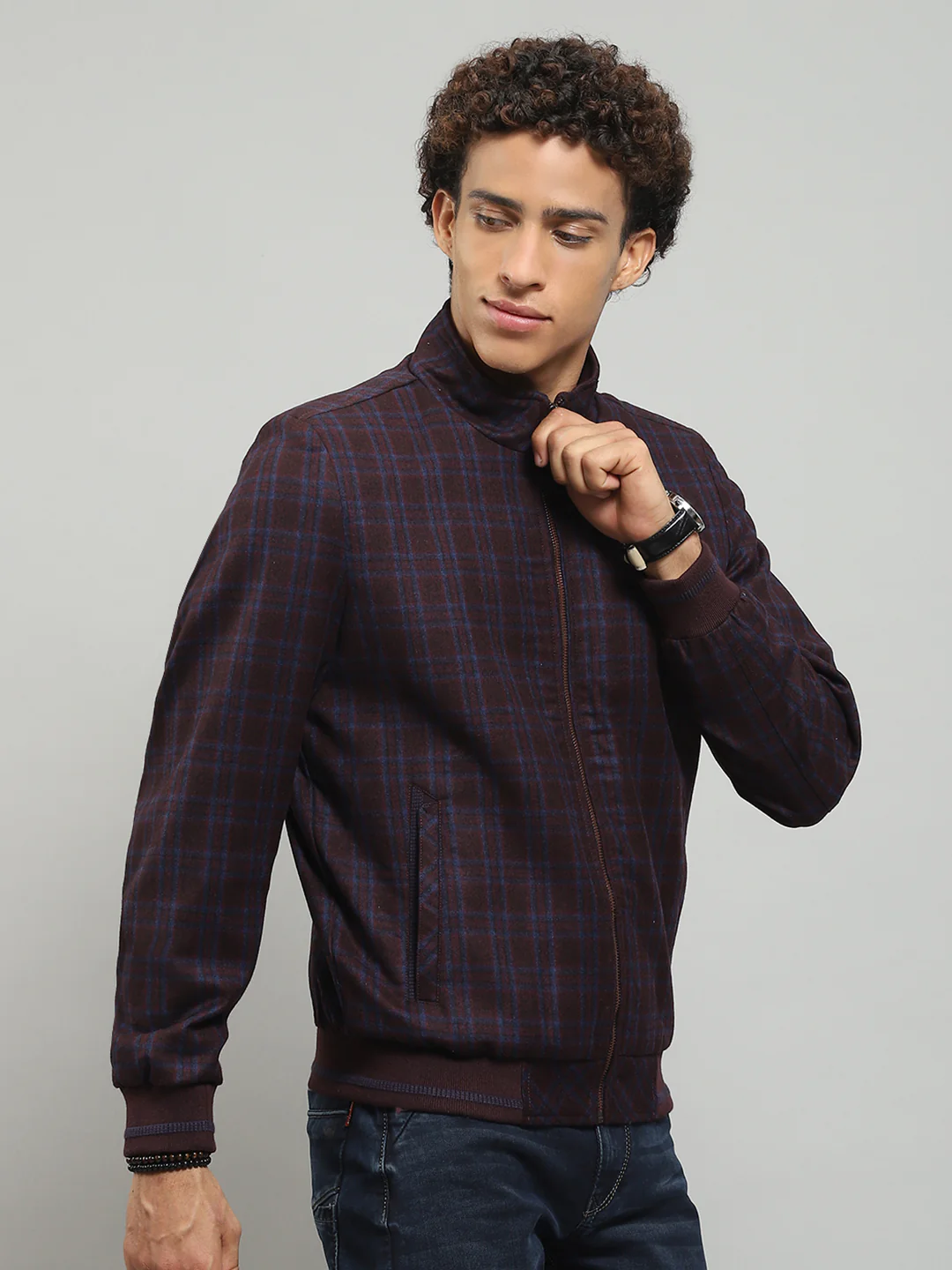 Men Maroon Solid Band Collar Full Sleeve Jacket - Image 4