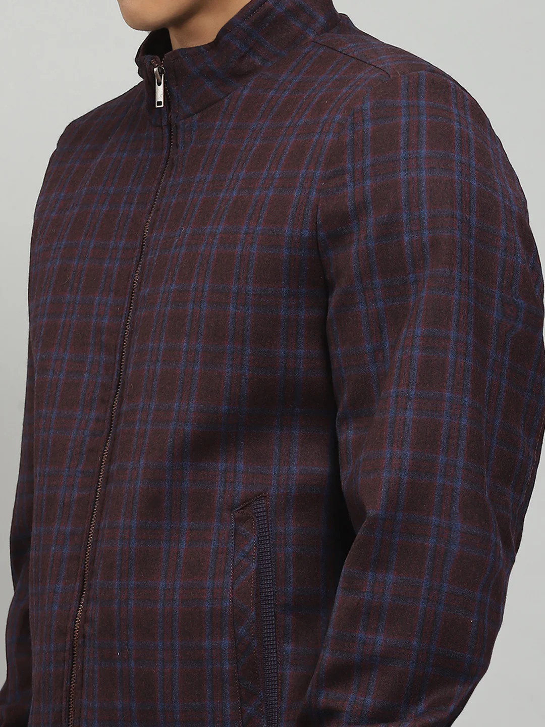 Men Maroon Solid Band Collar Full Sleeve Jacket - Image 7
