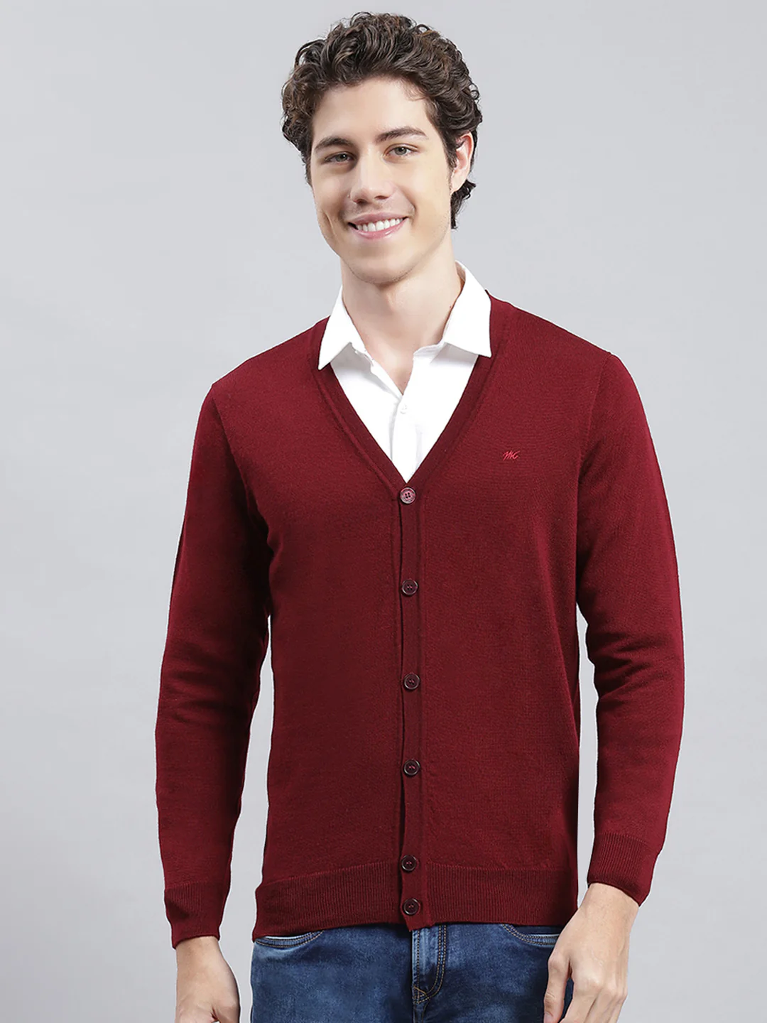 Men Maroon Solid Cardigan - Image 2