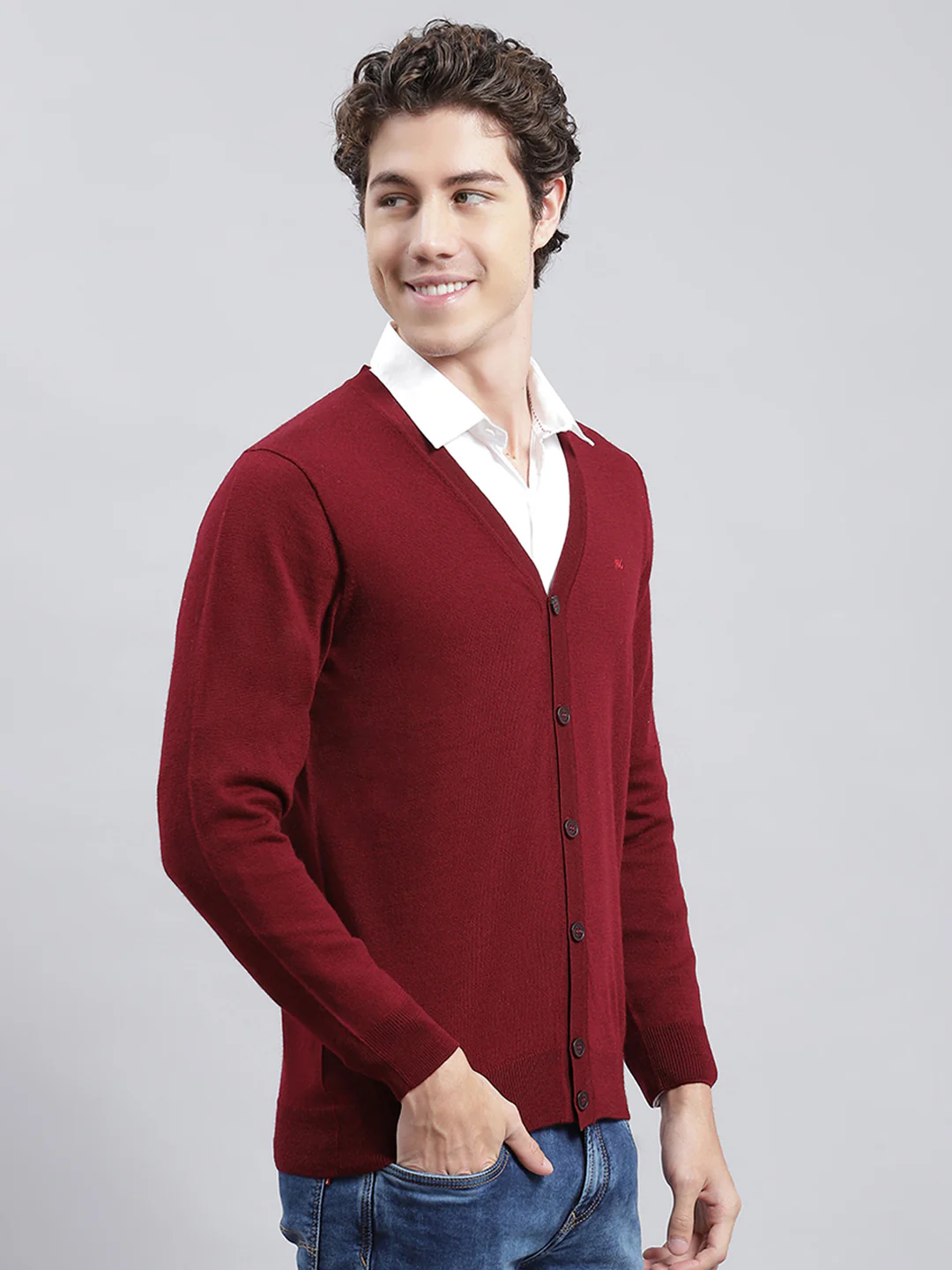 Men Maroon Solid Cardigan - Image 3