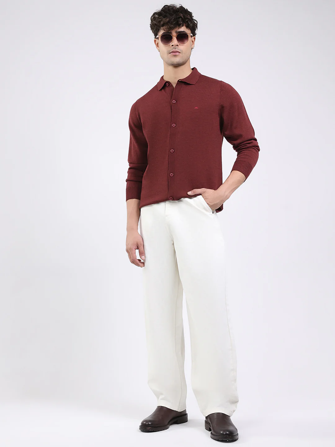 Men Maroon Solid Collar Full Sleeve Shirt - Image 2