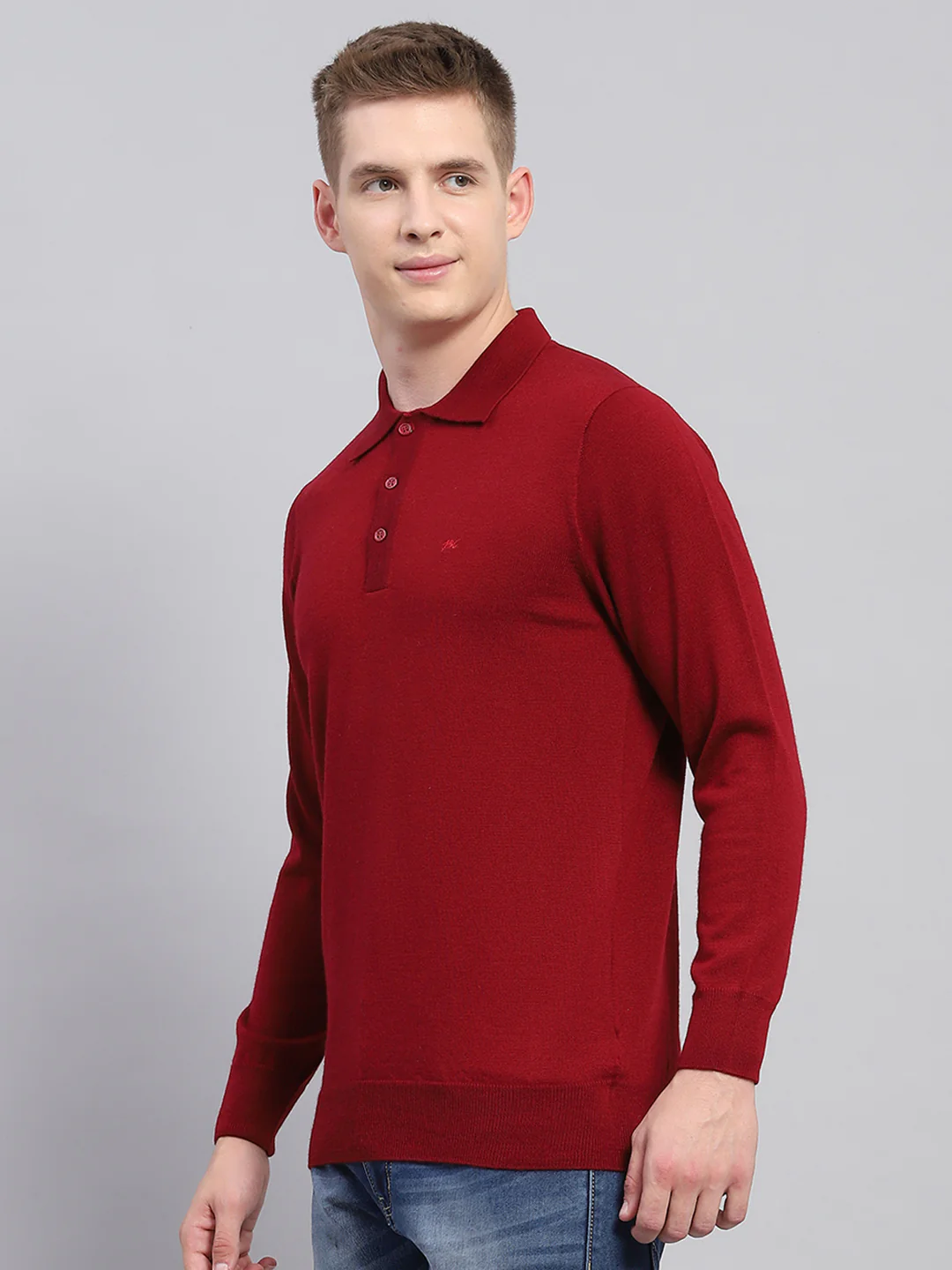 Men Maroon Solid Collar Full Sleeve Winter T-Shirt - Image 3