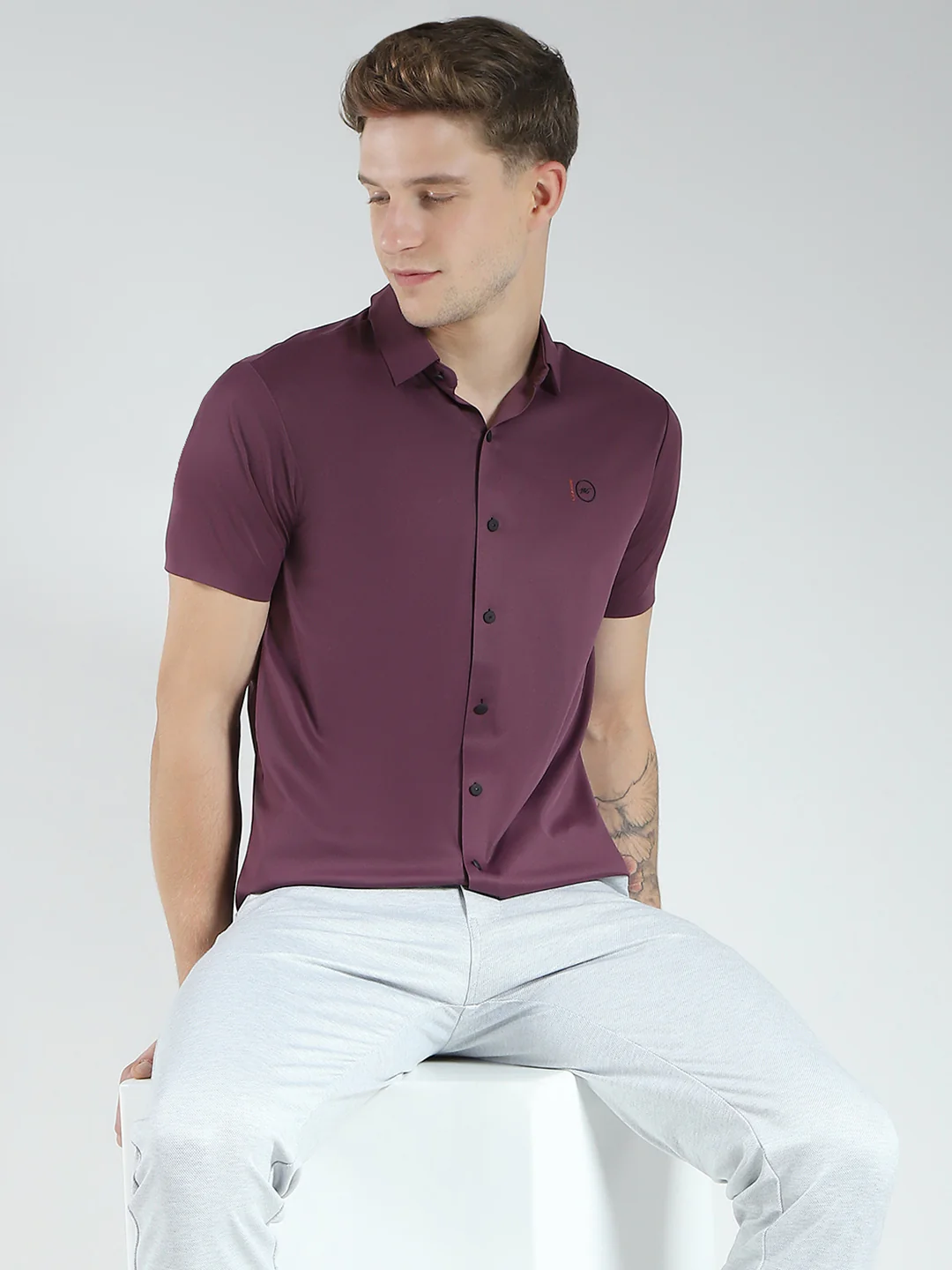 Men Maroon Solid Collar Half Sleeve Shirt - Image 6