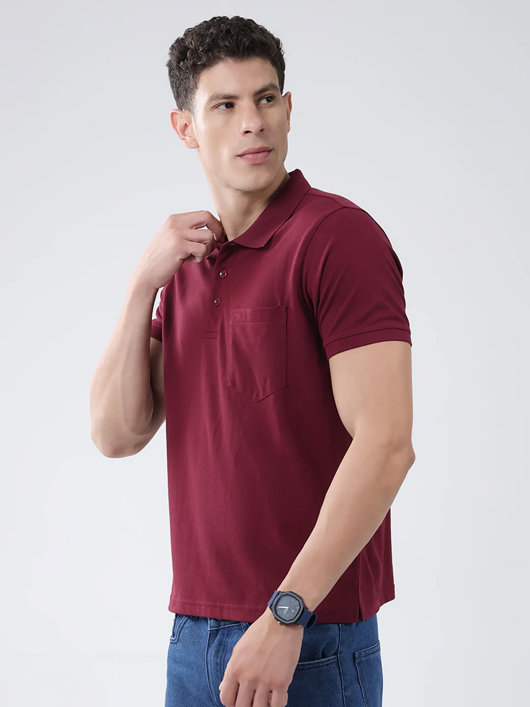 Men Maroon Solid Collar Half Sleeve T-Shirt - Image 3