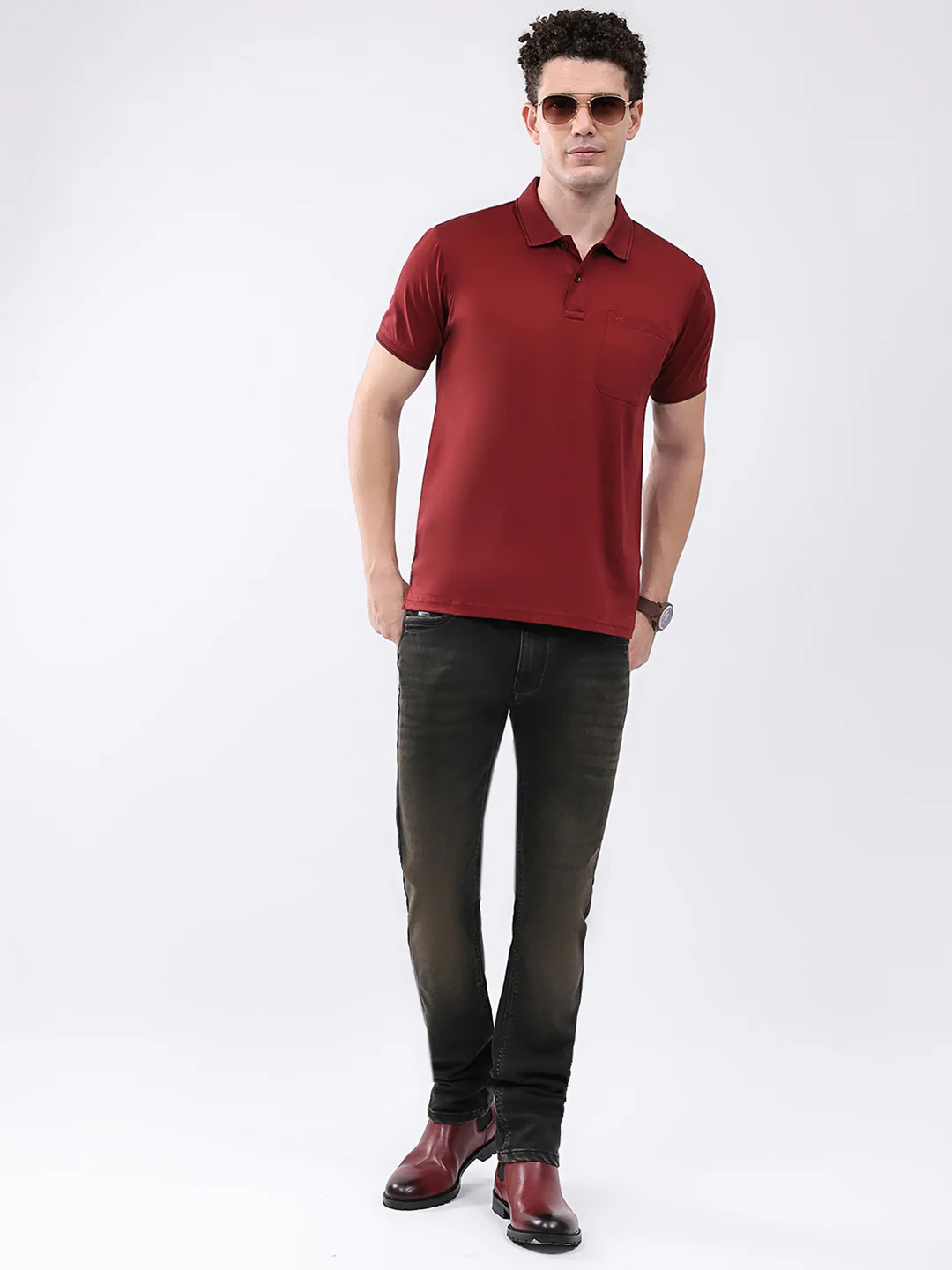 Men Maroon Solid Collar Half Sleeve T-Shirt - Image 2