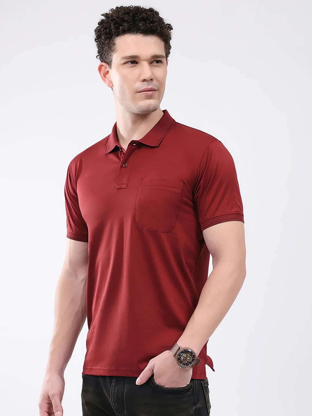 Men Maroon Solid Collar Half Sleeve T-Shirt - Image 3