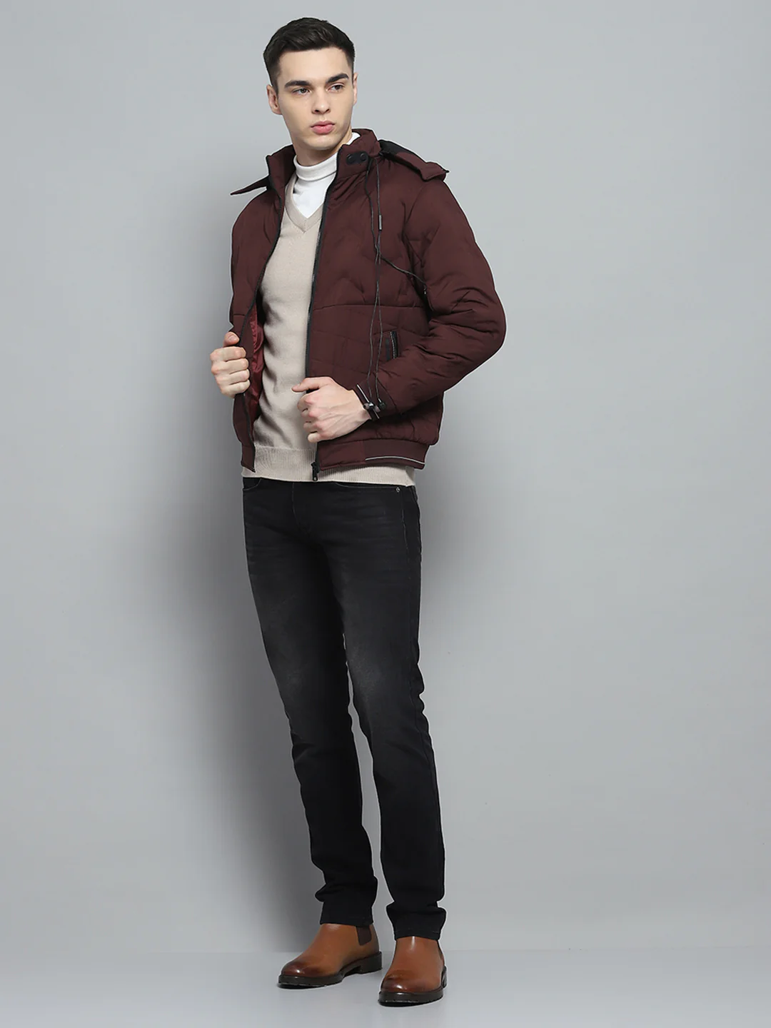 Men Maroon Solid Detachable Hood Full Sleeve Jacket - Image 2
