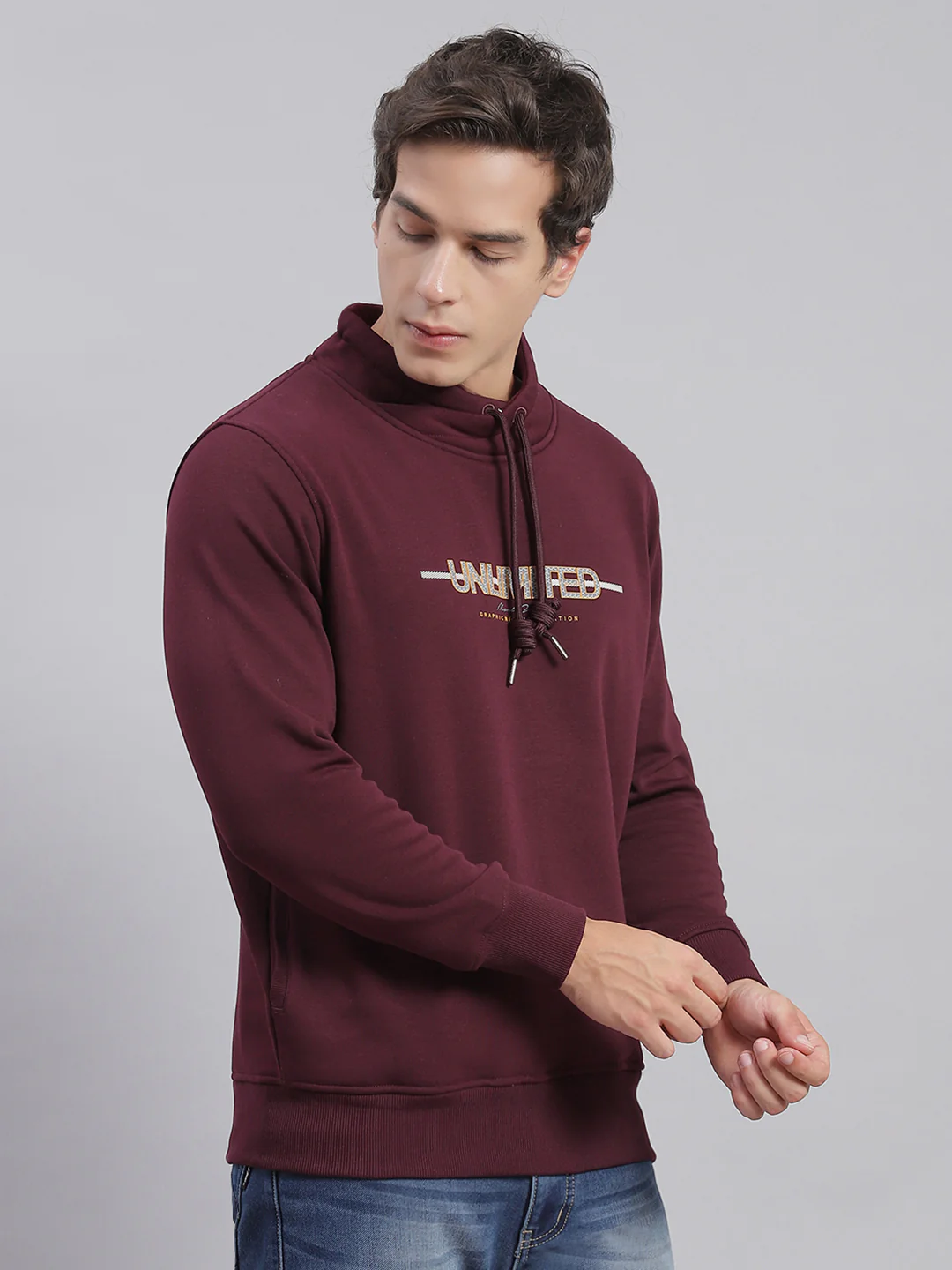 Men Maroon Solid F Neck Full Sleeve Sweatshirts - Image 4
