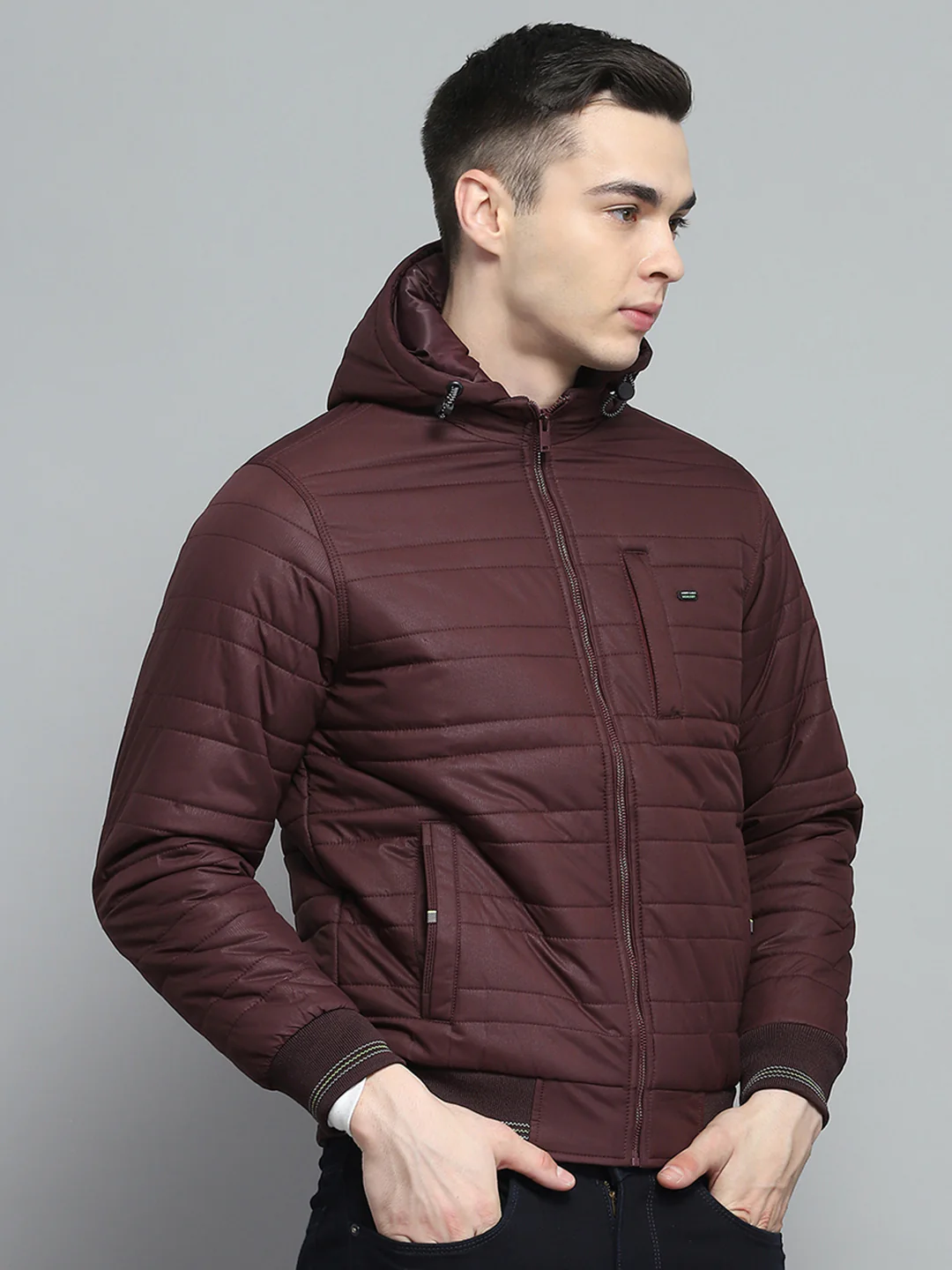 Men Maroon Solid Hooded Full Sleeve Jacket - Image 4