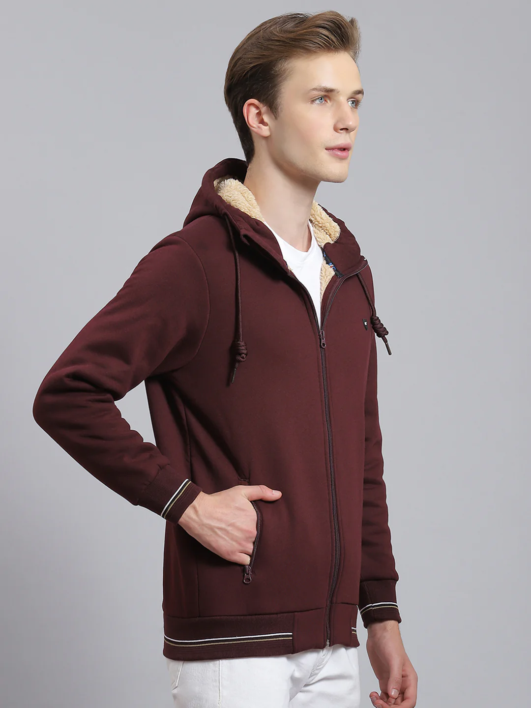 Men Maroon Solid Hooded Full Sleeve Sweatshirt - Image 3