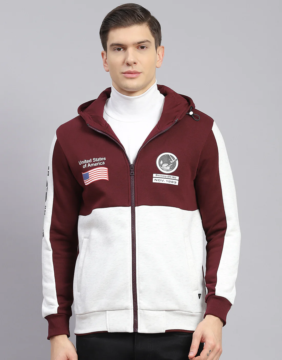 Men Maroon Solid Hooded Full Sleeve Sweatshirt - Image 3