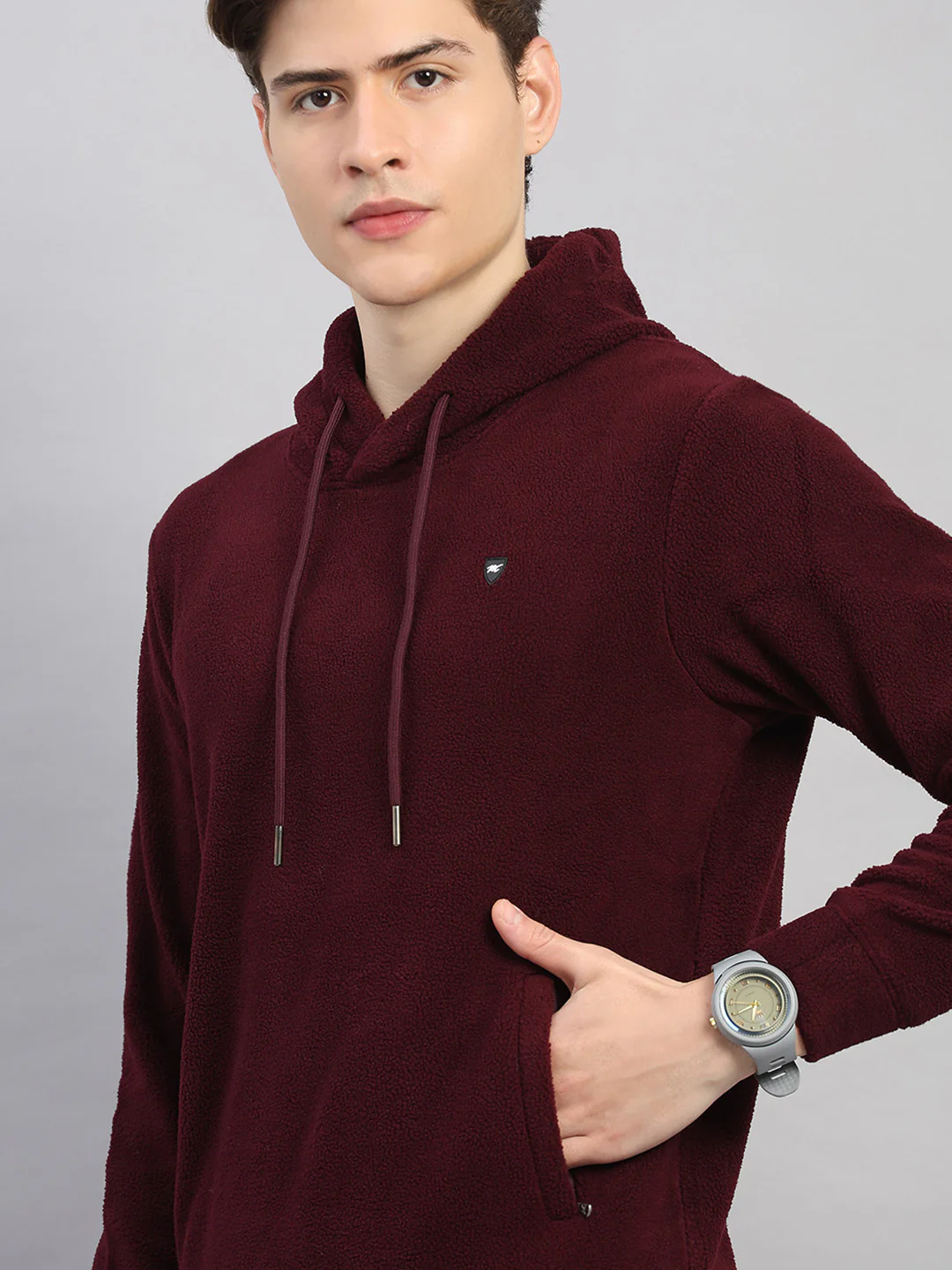 Men Maroon Solid Hooded Full Sleeve Winter Tracksuit - Image 7