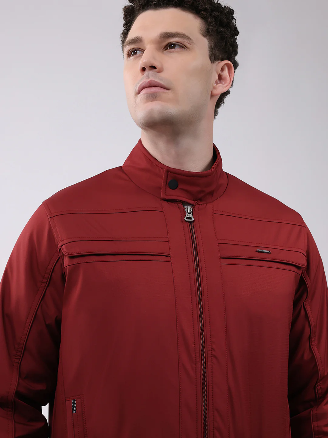 Men Maroon Solid Mock Neck Full Sleeve Jacket - Image 7