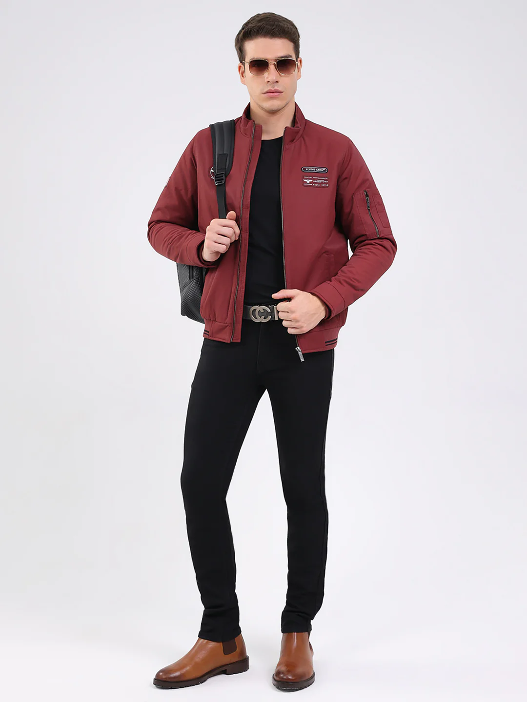 Men Maroon Solid Mock Neck Full Sleeve Jacket - Image 2