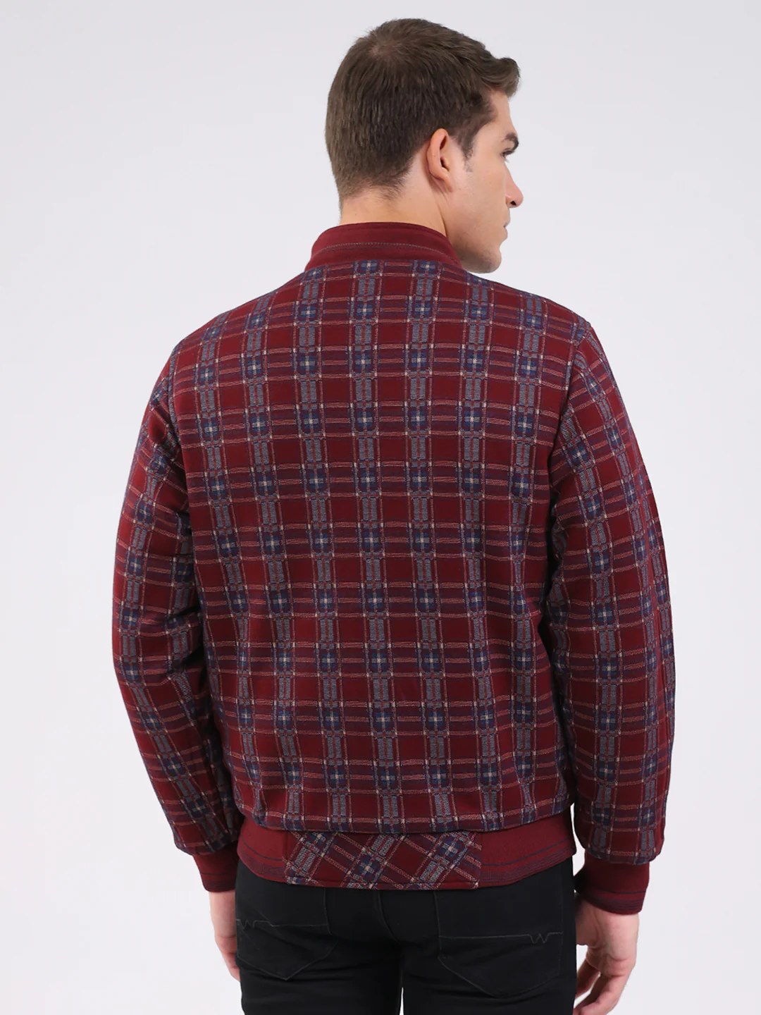Men Maroon Solid Mock Neck Full Sleeve Jacket - Image 9