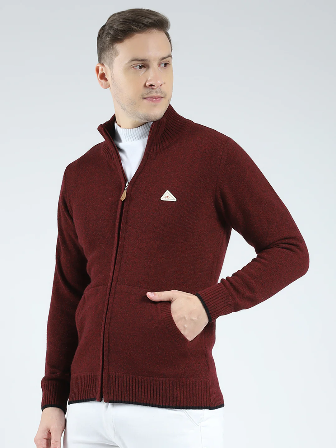 Men Maroon Solid Mock Neck Full Sleeve Pullover - Image 3