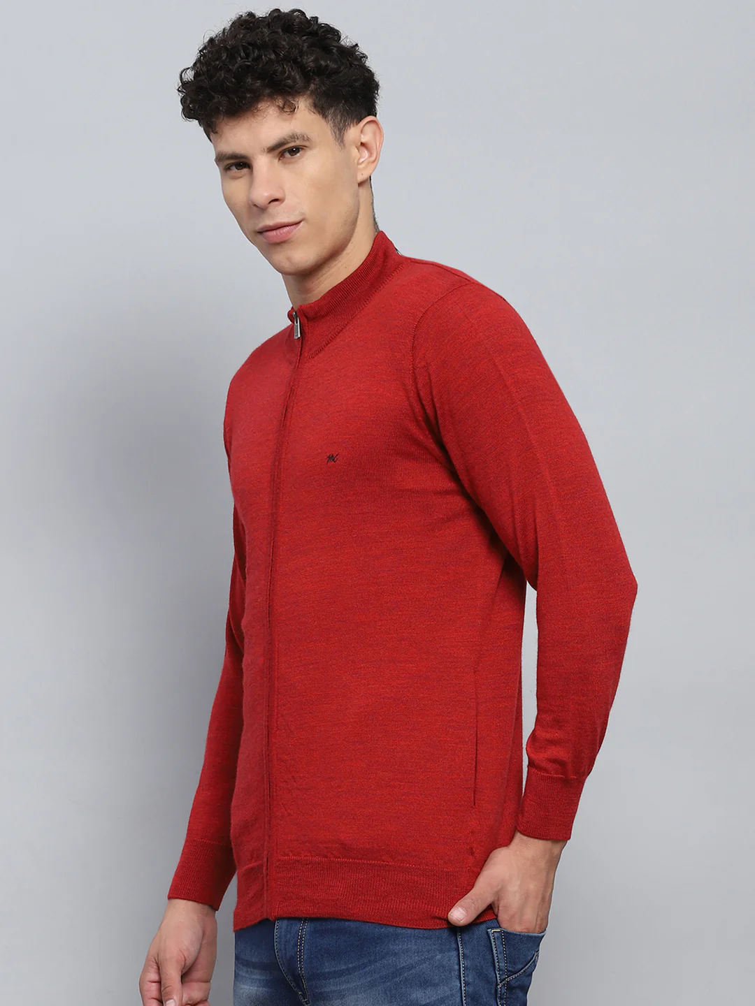 Men Maroon Solid Mock Neck Full Sleeve Pullover - Image 3