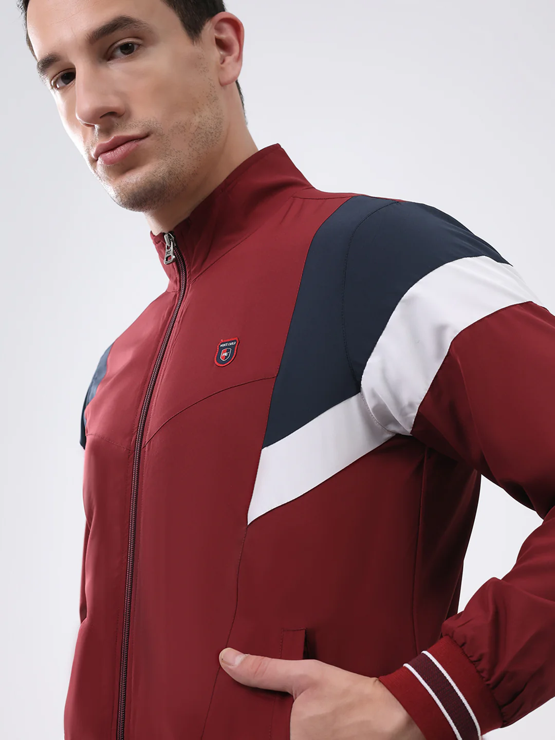 Men Maroon Solid Mock Neck Full Sleeve Winter Tracksuit - Image 6