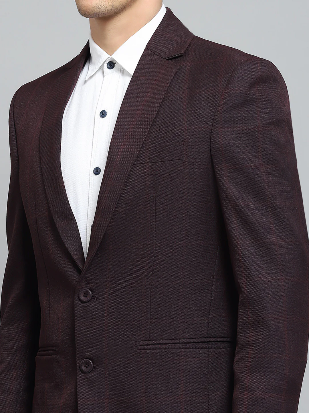 Men Maroon Solid Notch Lapel Collar Full Sleeve Blazer - Image 7