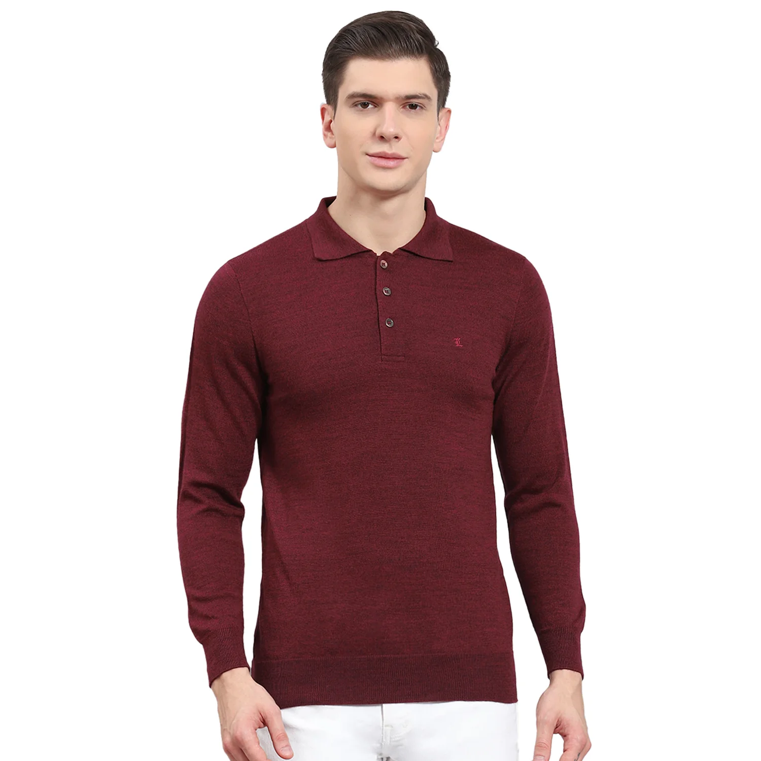 Men Maroon Solid Polo Collar Full Sleeve T-Shirt - Image 5