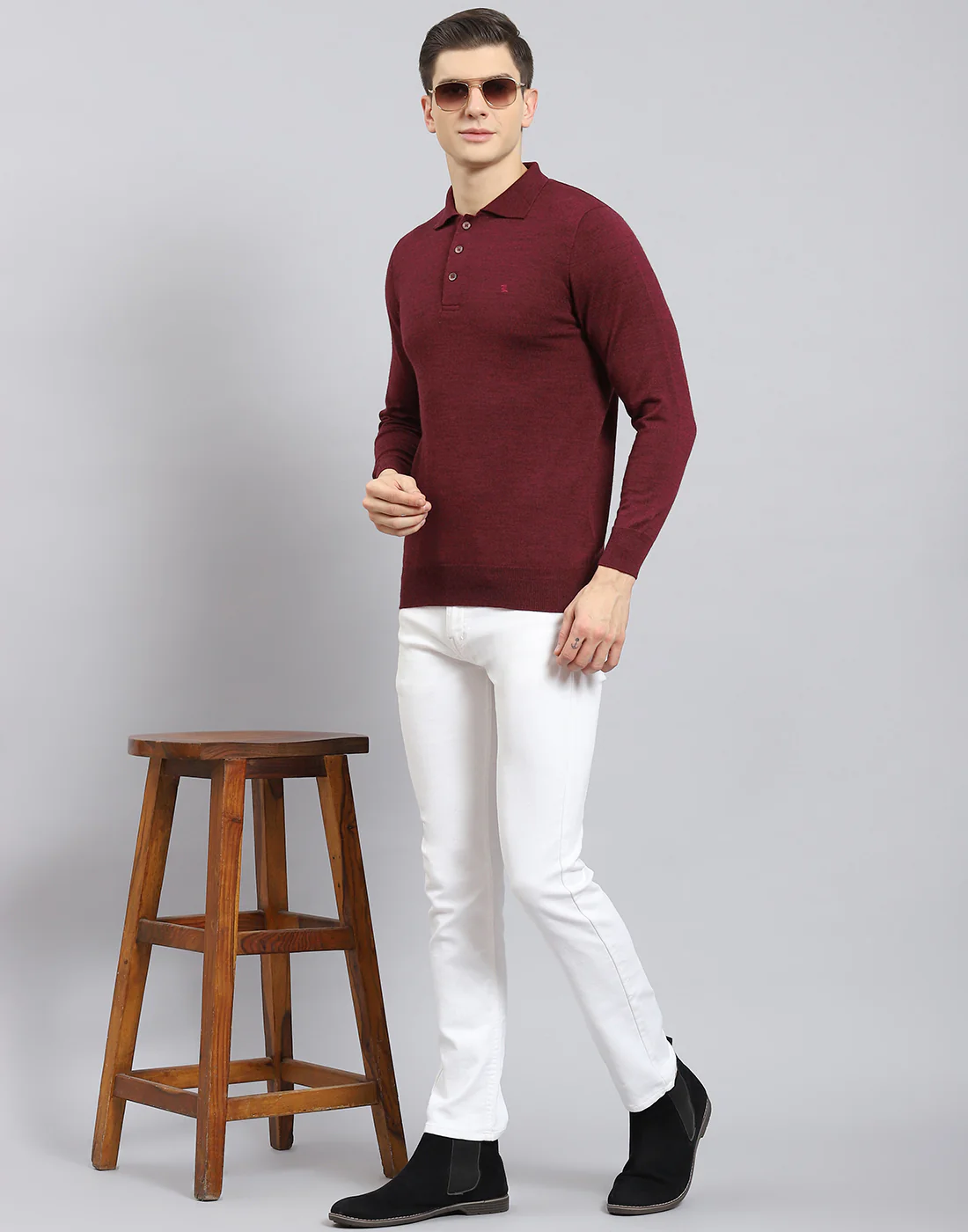 Men Maroon Solid Polo Collar Full Sleeve T-Shirt - Image 7