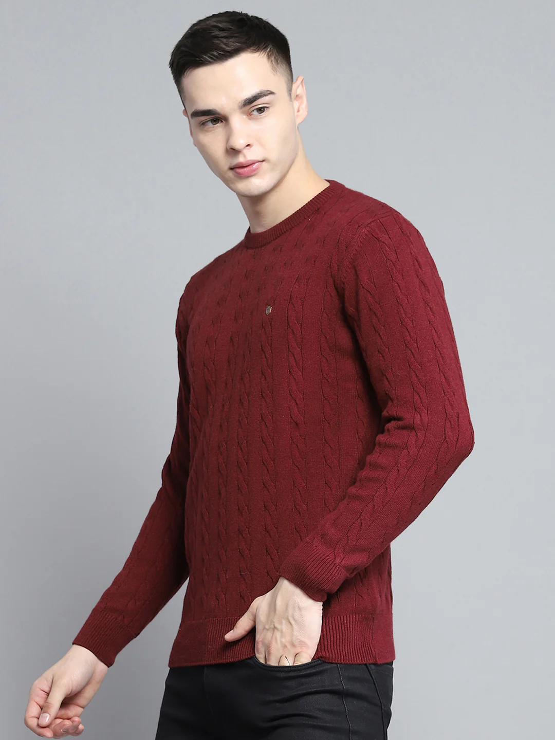 Men Maroon Solid Round Neck Full Sleeve Pullover - Image 3