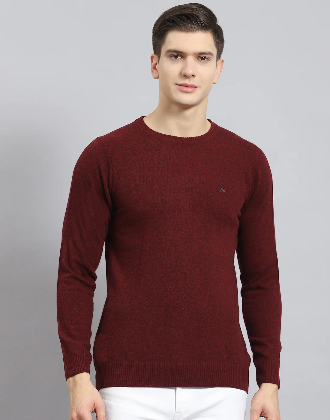 Men Maroon Solid Round Neck Full Sleeve Sweater - Image 3