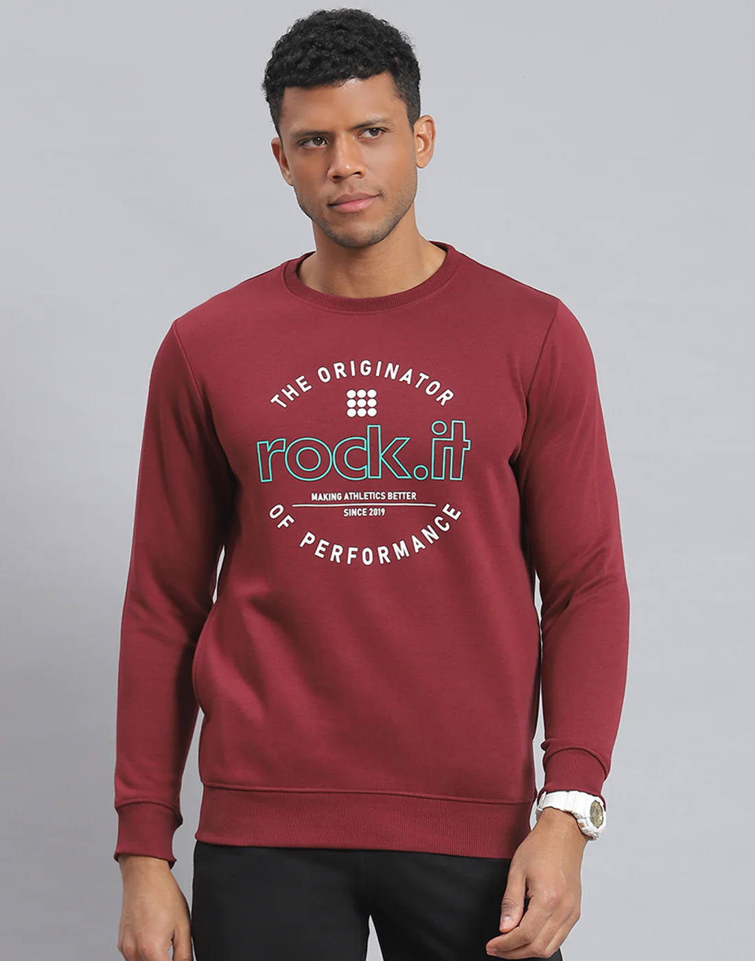 Rock.it Men Maroon Solid Round Neck Full Sleeve Sweatshirt - Image 2