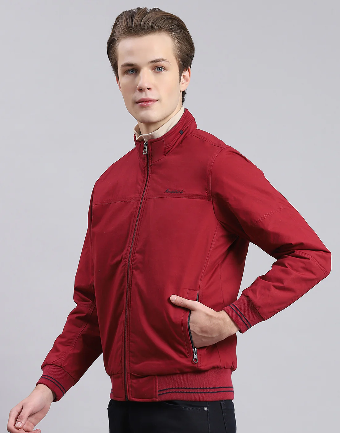 Men Maroon Solid Stand Collar Full Sleeve Jacket - Image 3