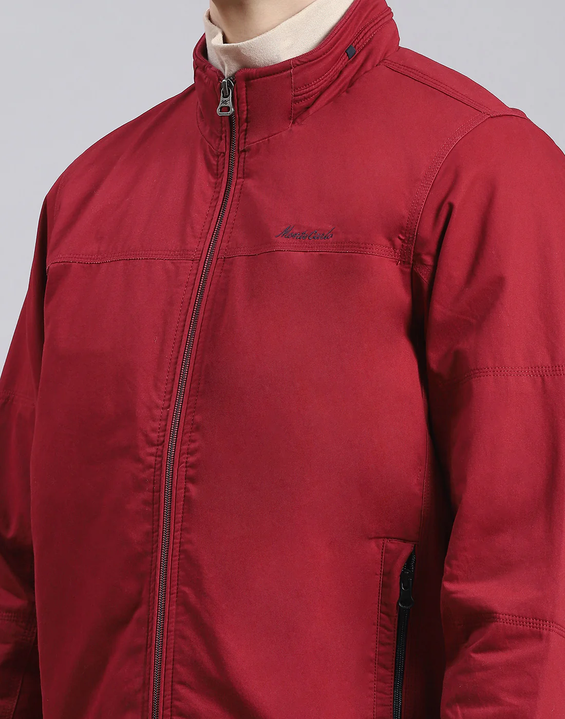 Men Maroon Solid Stand Collar Full Sleeve Jacket - Image 6