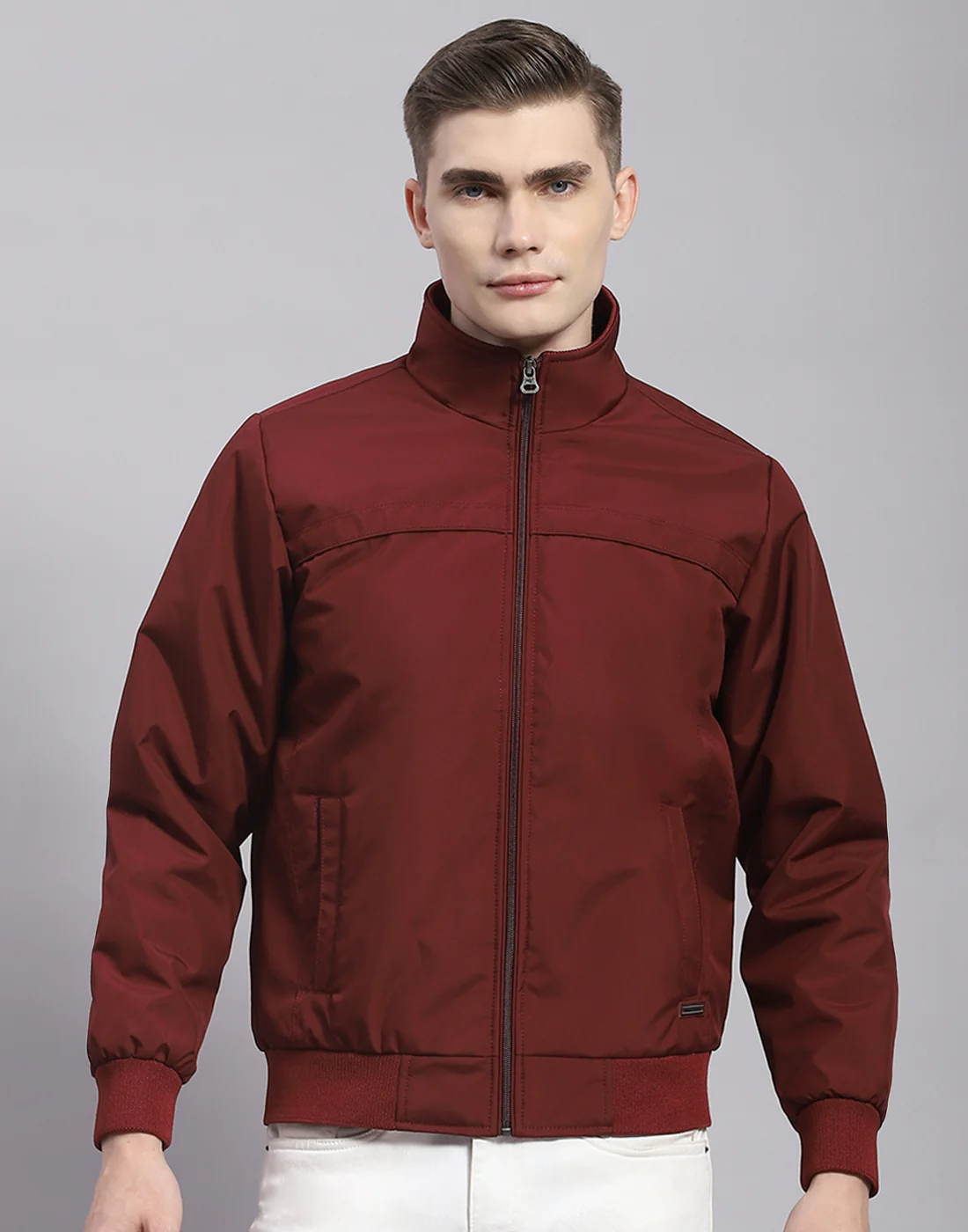 Men Maroon Solid Stand Collar Full Sleeve Jacket - Image 2
