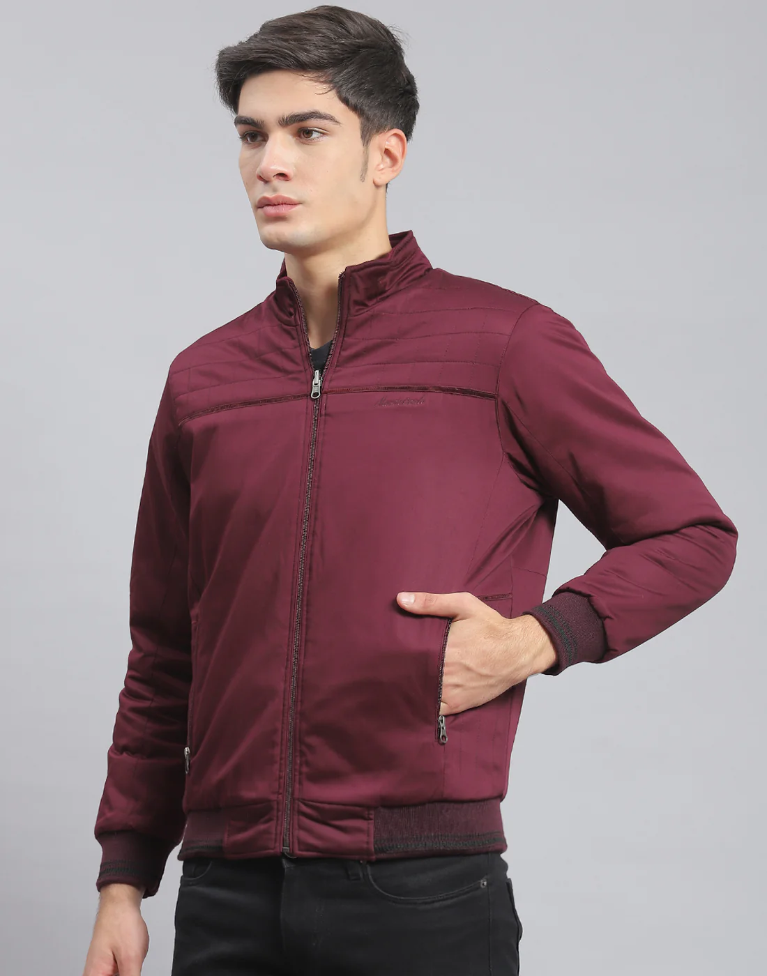 Men Maroon Solid Stand Collar Full Sleeve Jacket - Image 3