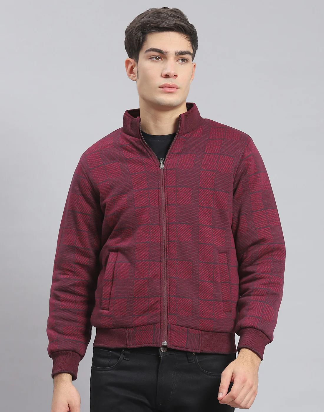 Men Maroon Solid Stand Collar Full Sleeve Jacket - Image 6